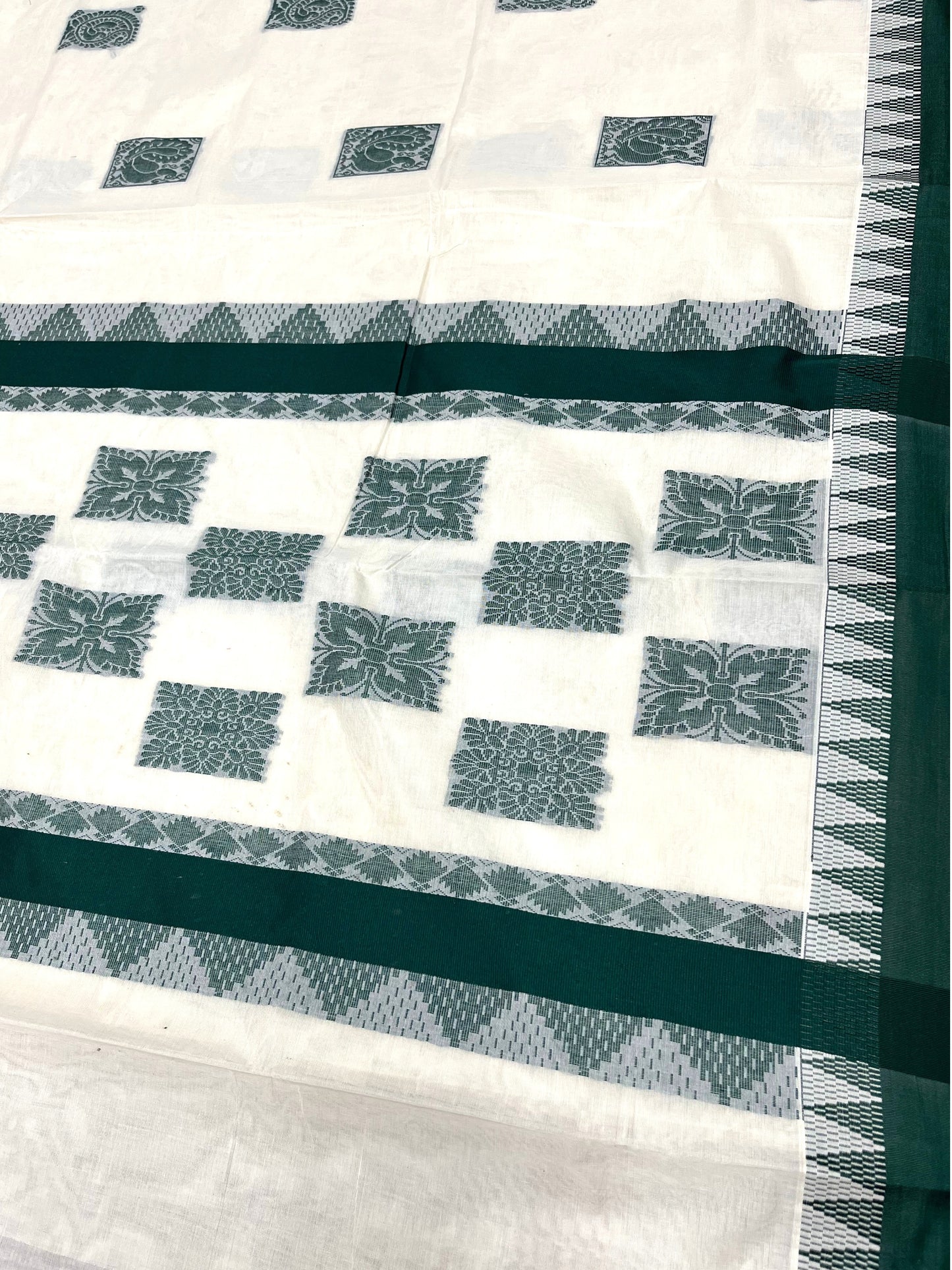 Southloom Pure Cotton Kerala Saree with Green Heavy Woven Designs and Temple Border