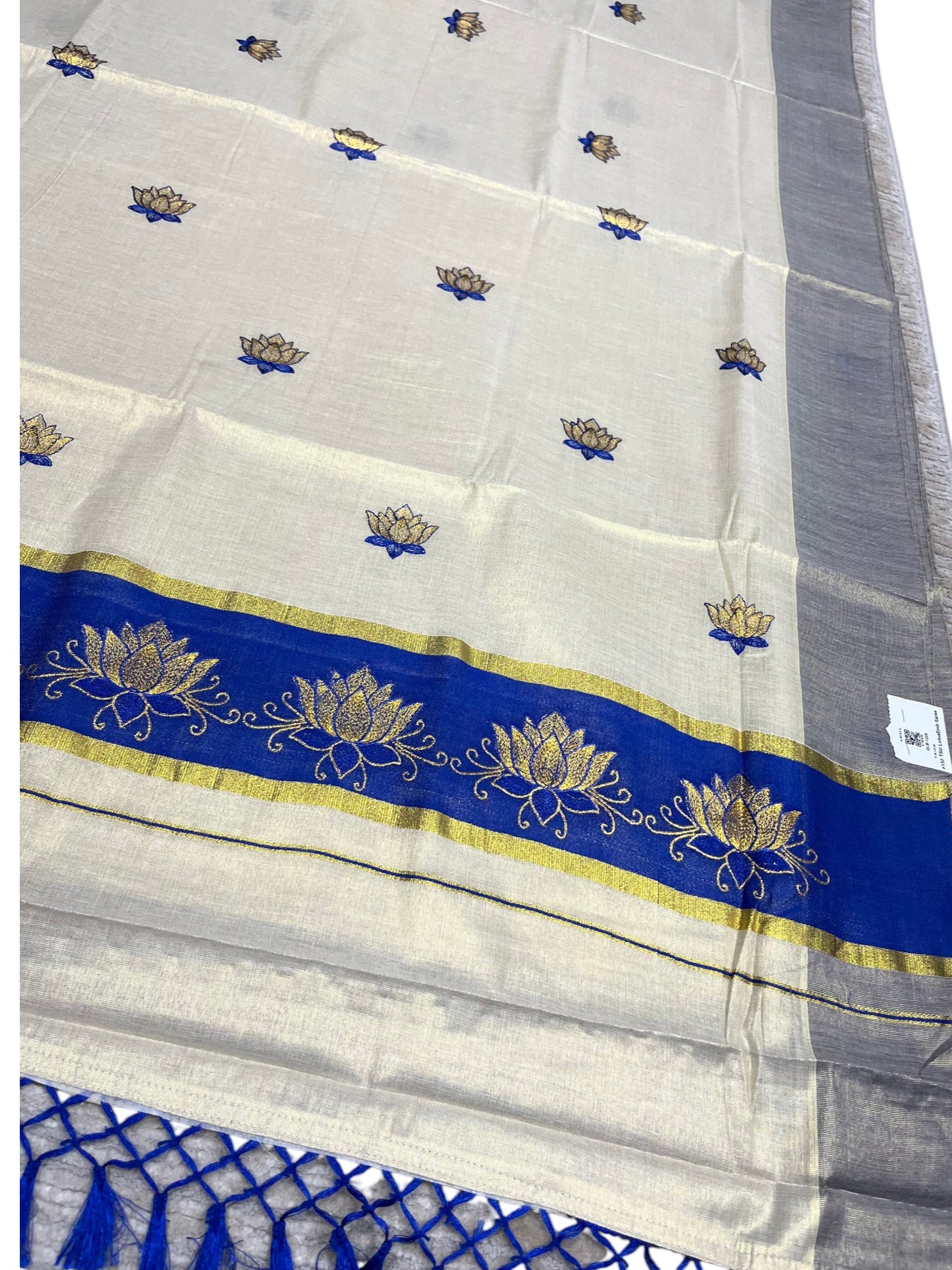 Southloom Kerala Tissue Kasavu Saree with Blue And Golden Lotus Embroidary Works on Body SL273