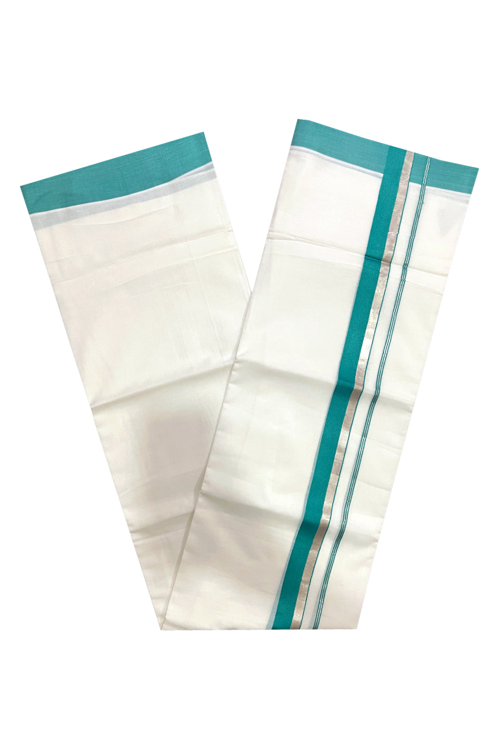 Pure White Cotton Double Mundu with Green and Silver Kasavu Border (South Indian Dhoti)