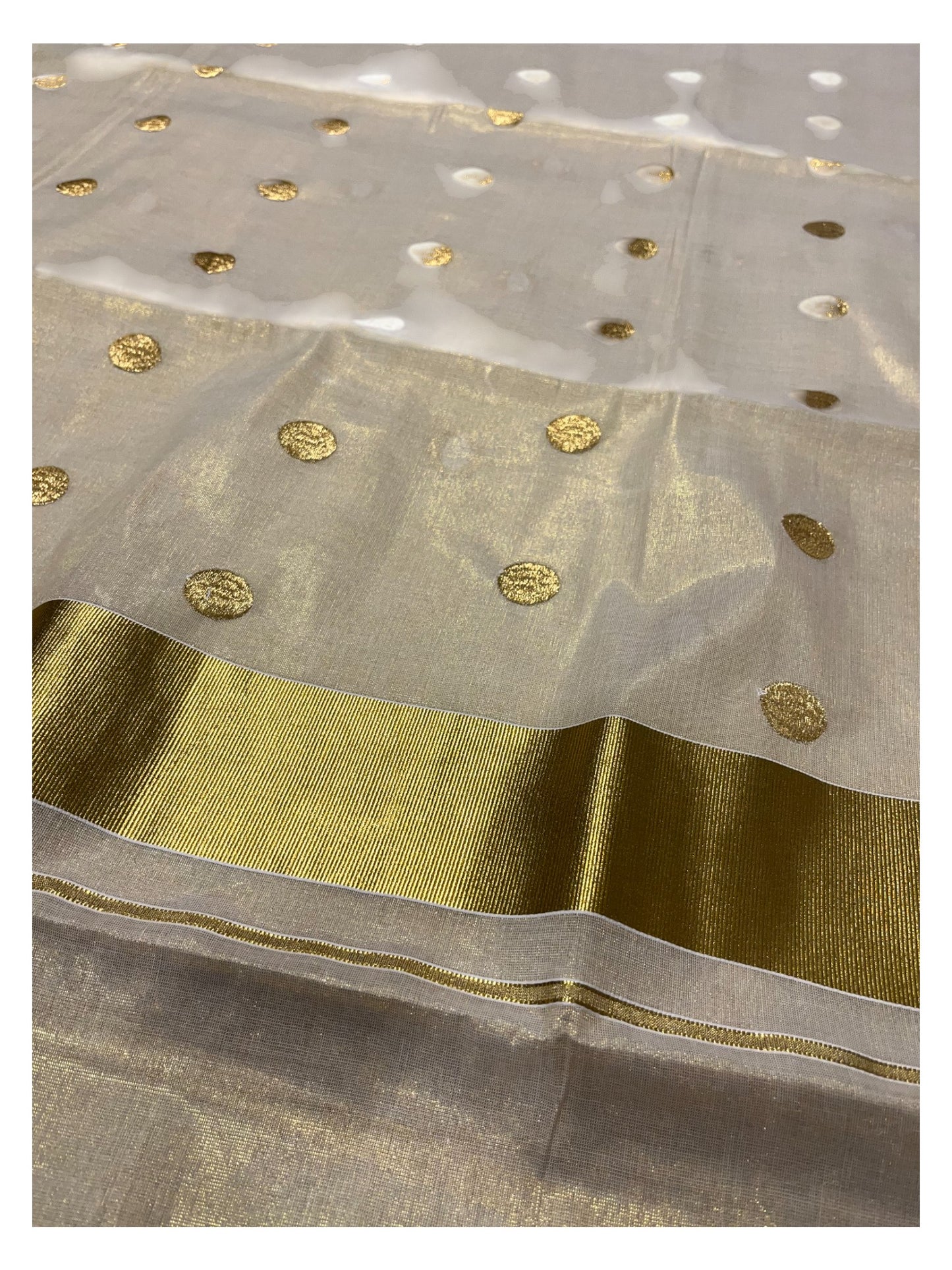 Kerala Tissue Kasavu Plain Saree with Gold Polka with Embroidery Works