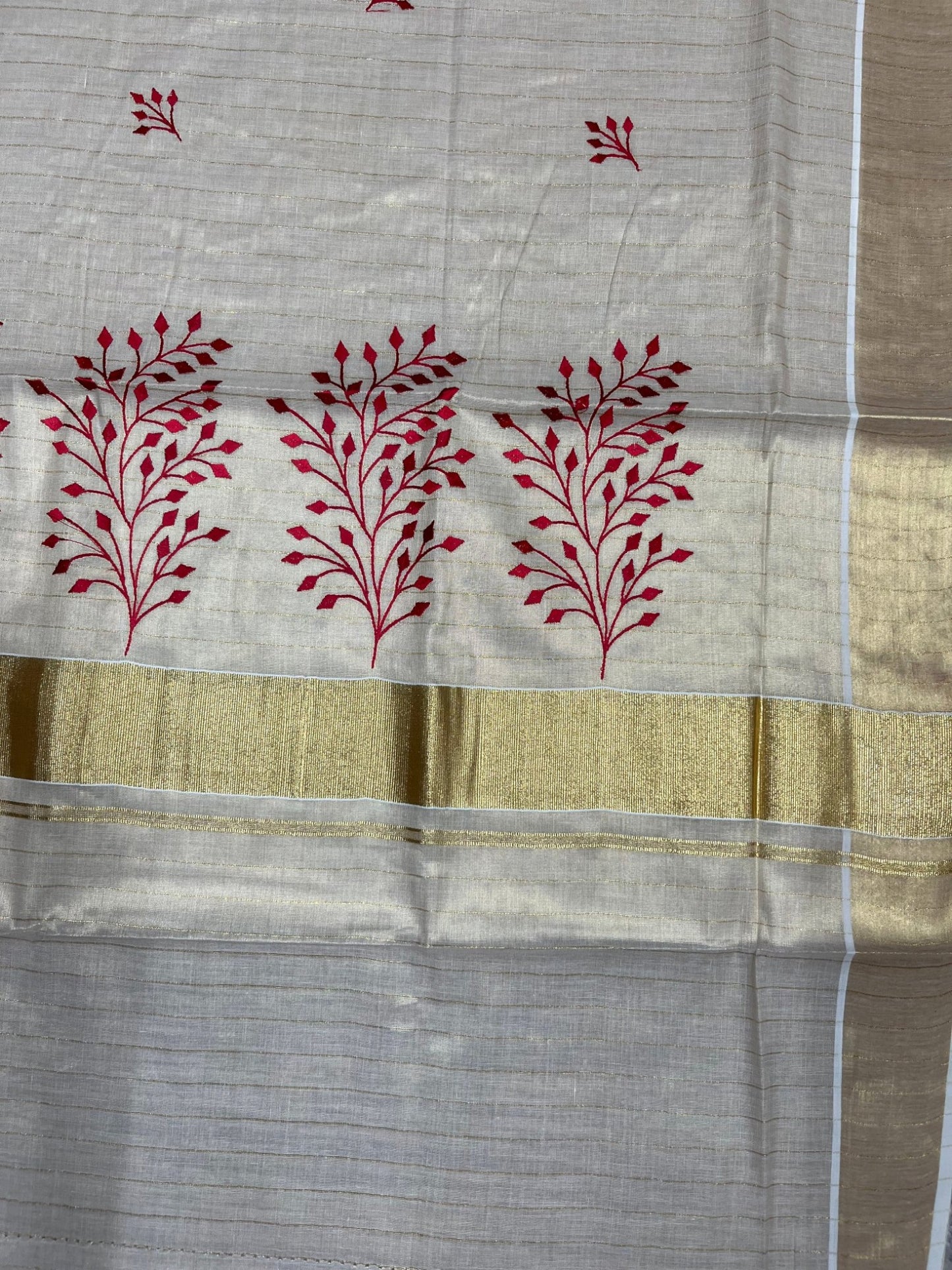 Southloom Kerala Tissue Kasavu Lines Saree with Red Floral Embroidery Design on Body