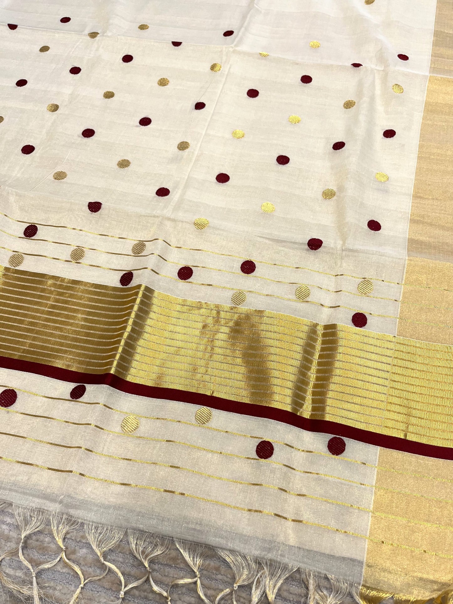 Southloom Super Premium Balaramapuram Unakkupaavu Handloom Tissue Saree with Gold and Maroon Polka on Body
