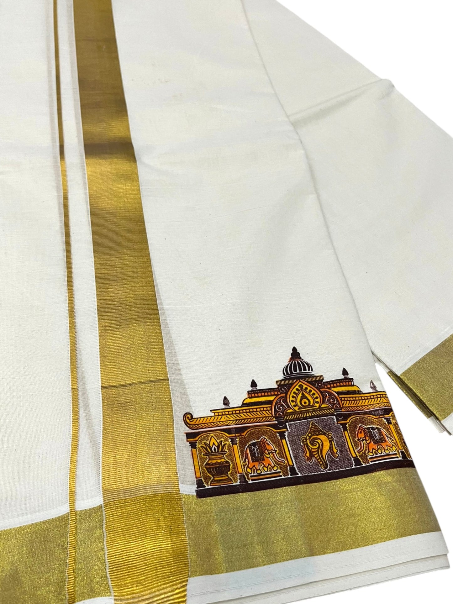 Southloom Kerala Cotton Temple Digital Printed Double Mundu (South Indian Kerala Dhoti) SL567
