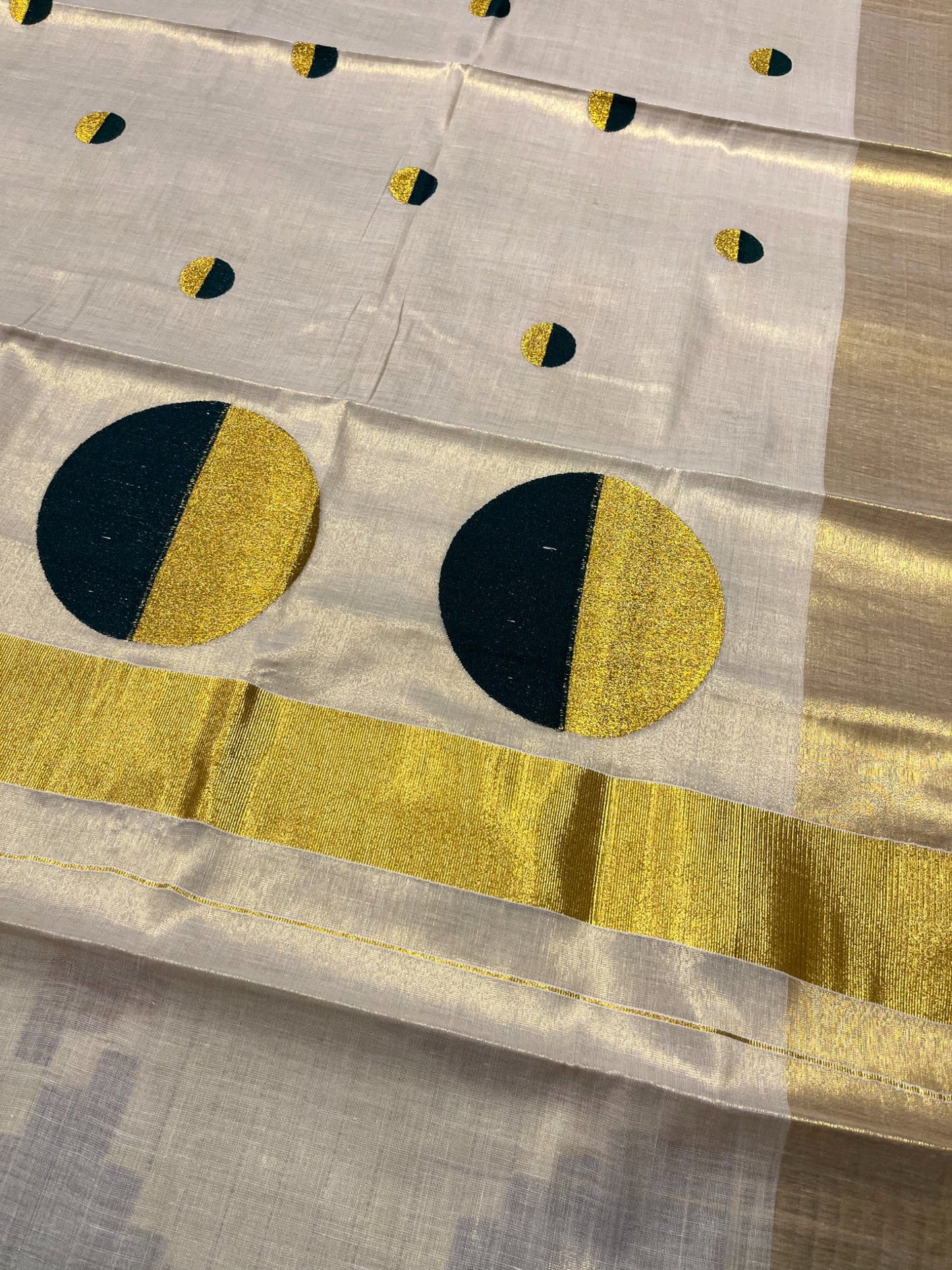 Southloom Kerala Tissue Kasavu Saree With Green Polka Dots Embroidery on Body