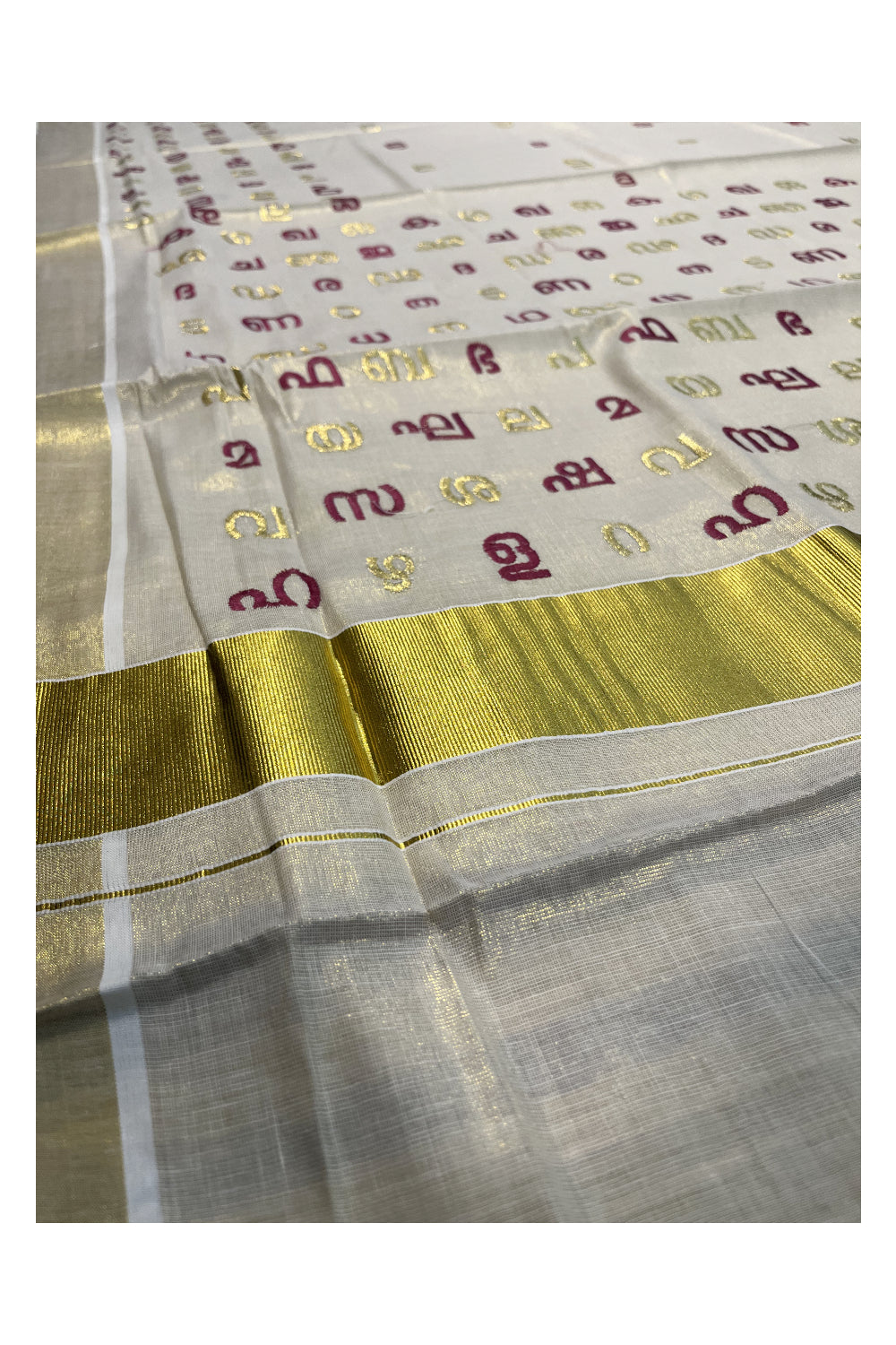 Southloom Kerala Tissue Kasavu Saree with Pink and Gold Malayalam Aksharamala Embroidery Work on Body