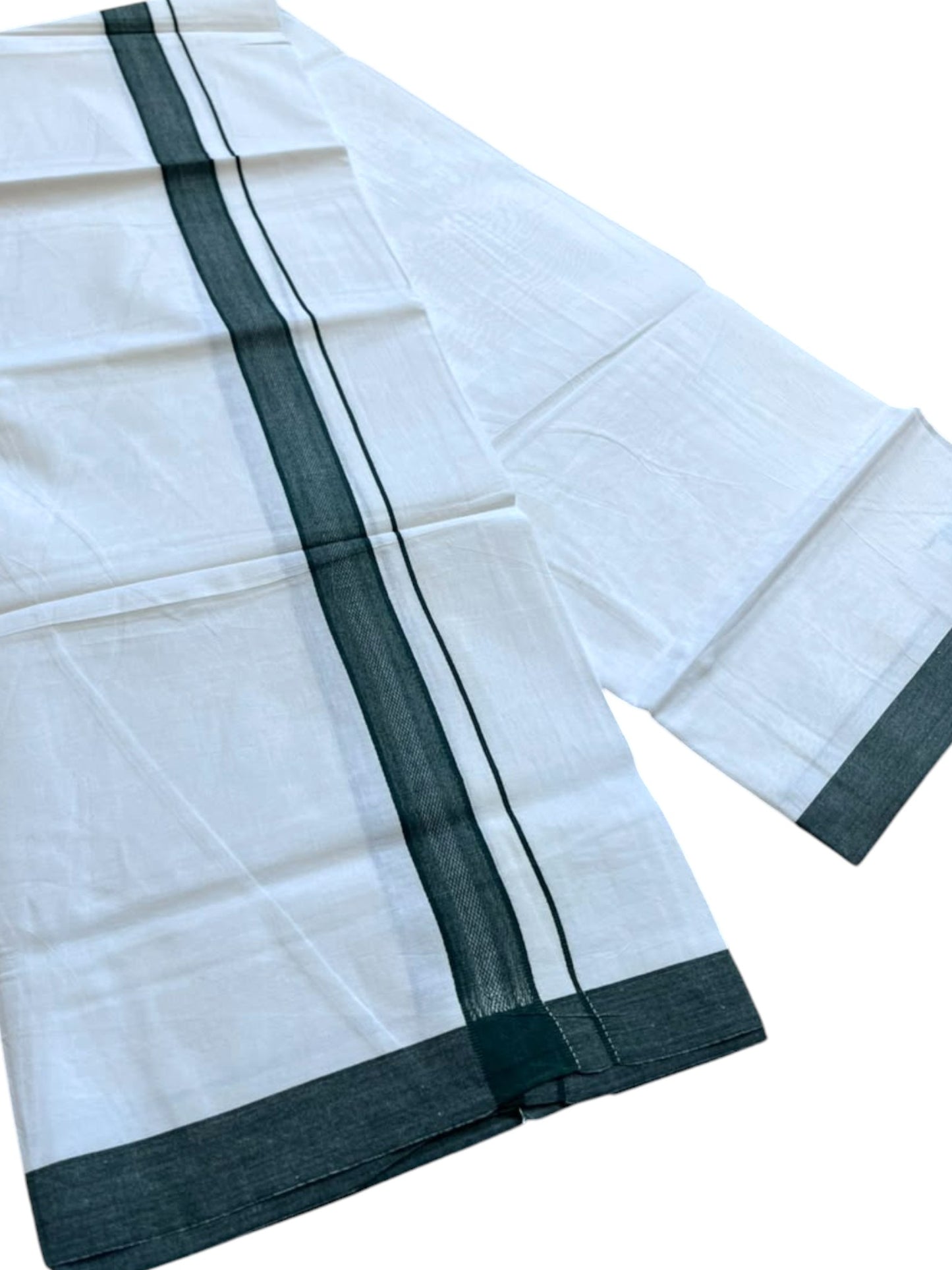Southloom Pure White Single Cotton Mundu with Dark Green Border (South Indian Kerala Dhoti)