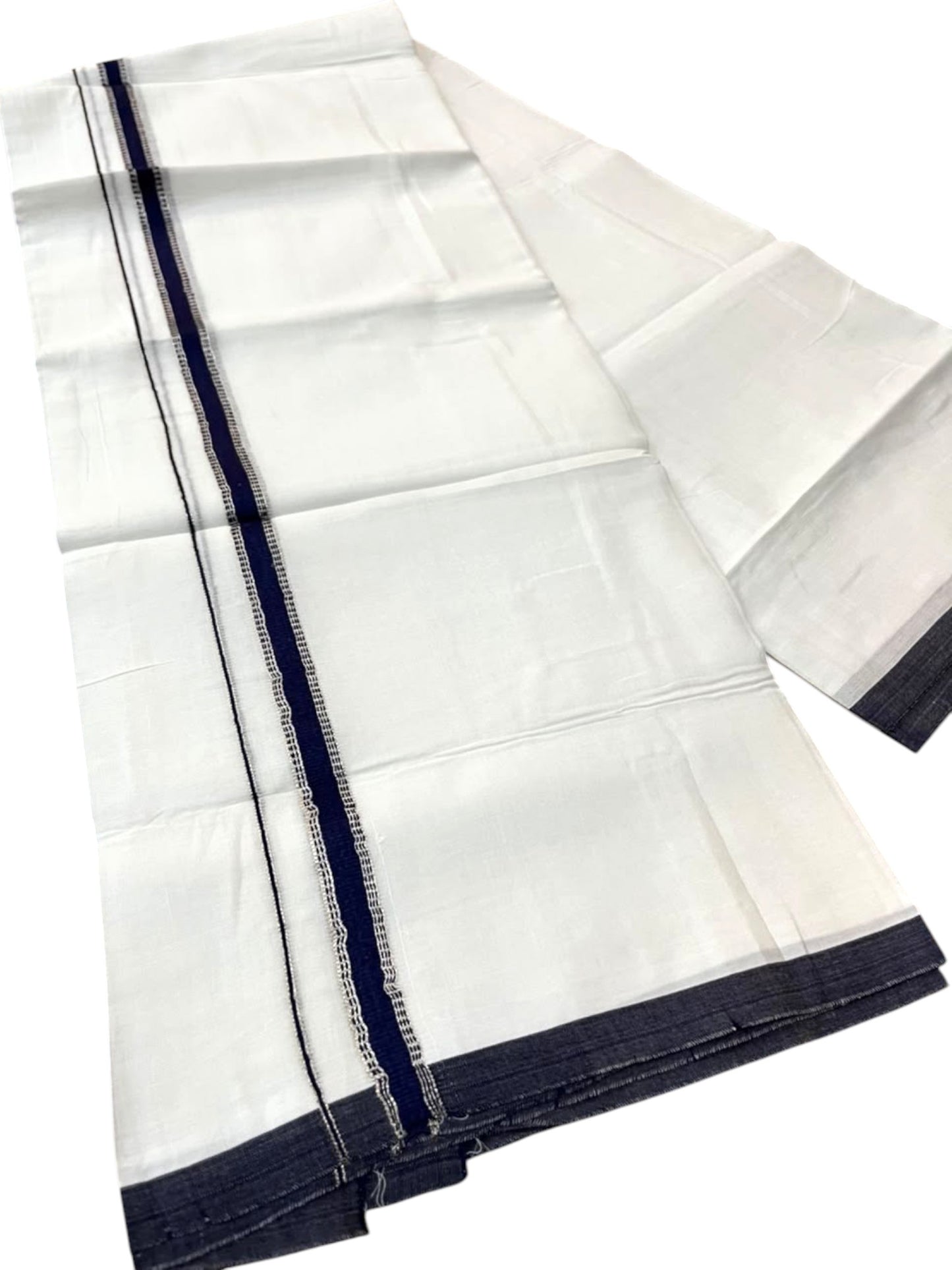Southloom Pure White Cotton Mundu with Blue & Silver Line Border (South Indian Kerala Dhoti)