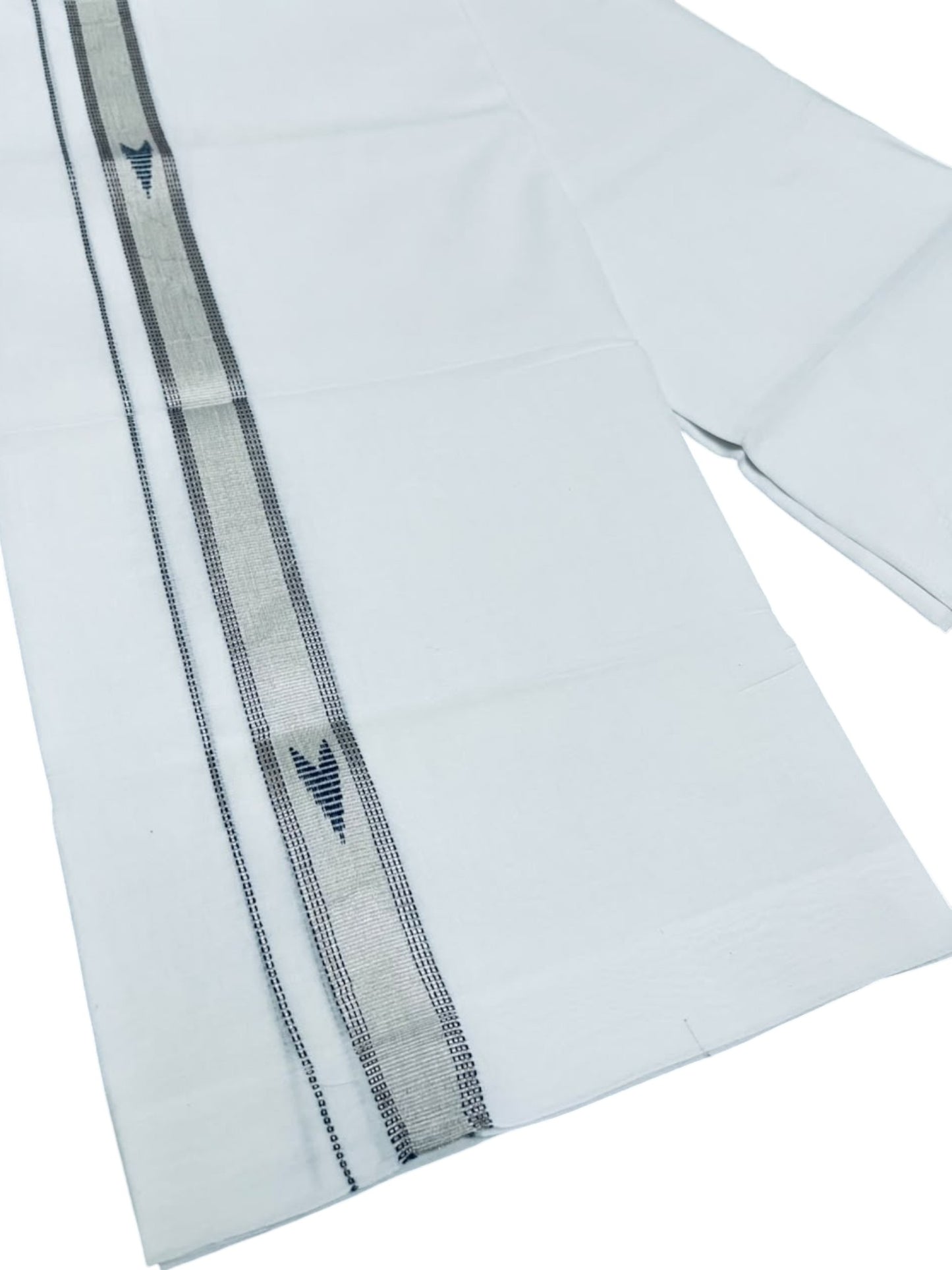Southloom Pure White Cotton Mundu with Blue & Silver Line Border (South Indian Kerala Dhoti)