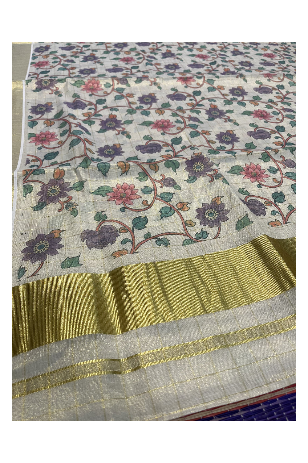 Kerala Tissue Kasavu Check Saree with Violet Floral Kalamkari Design