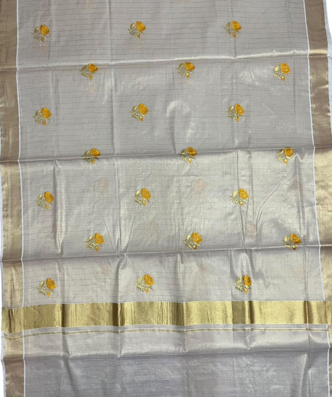 Southloom Tissue Kerala Kasavu Saree with Floral Embroidery Design On Border