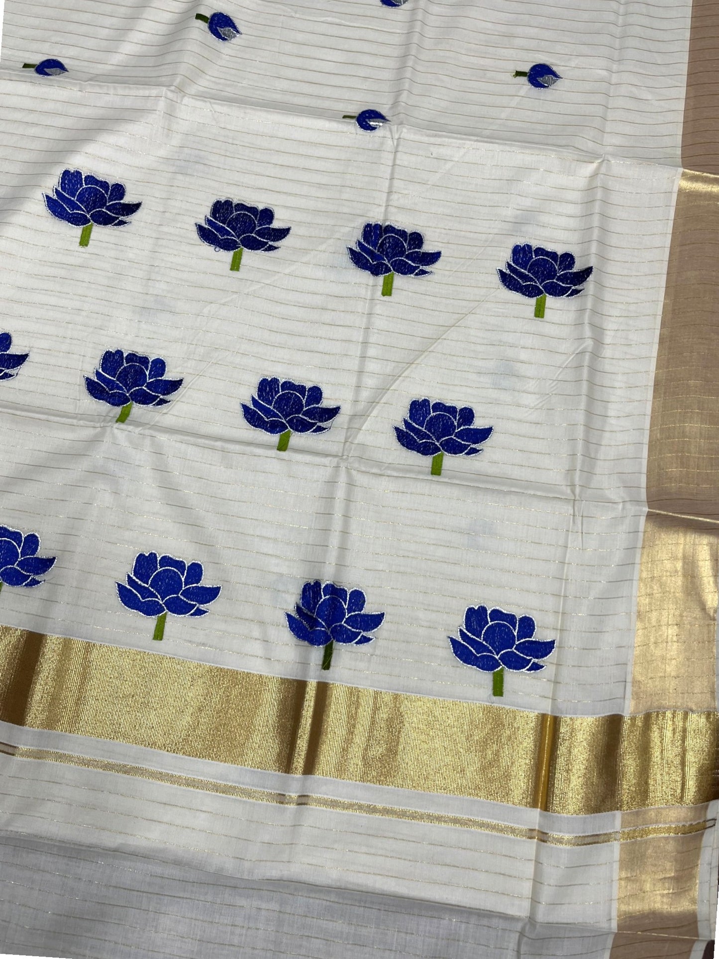 Southloom Kerala Cotton Kasavu Saree with Blue Lotus Embroidery Design