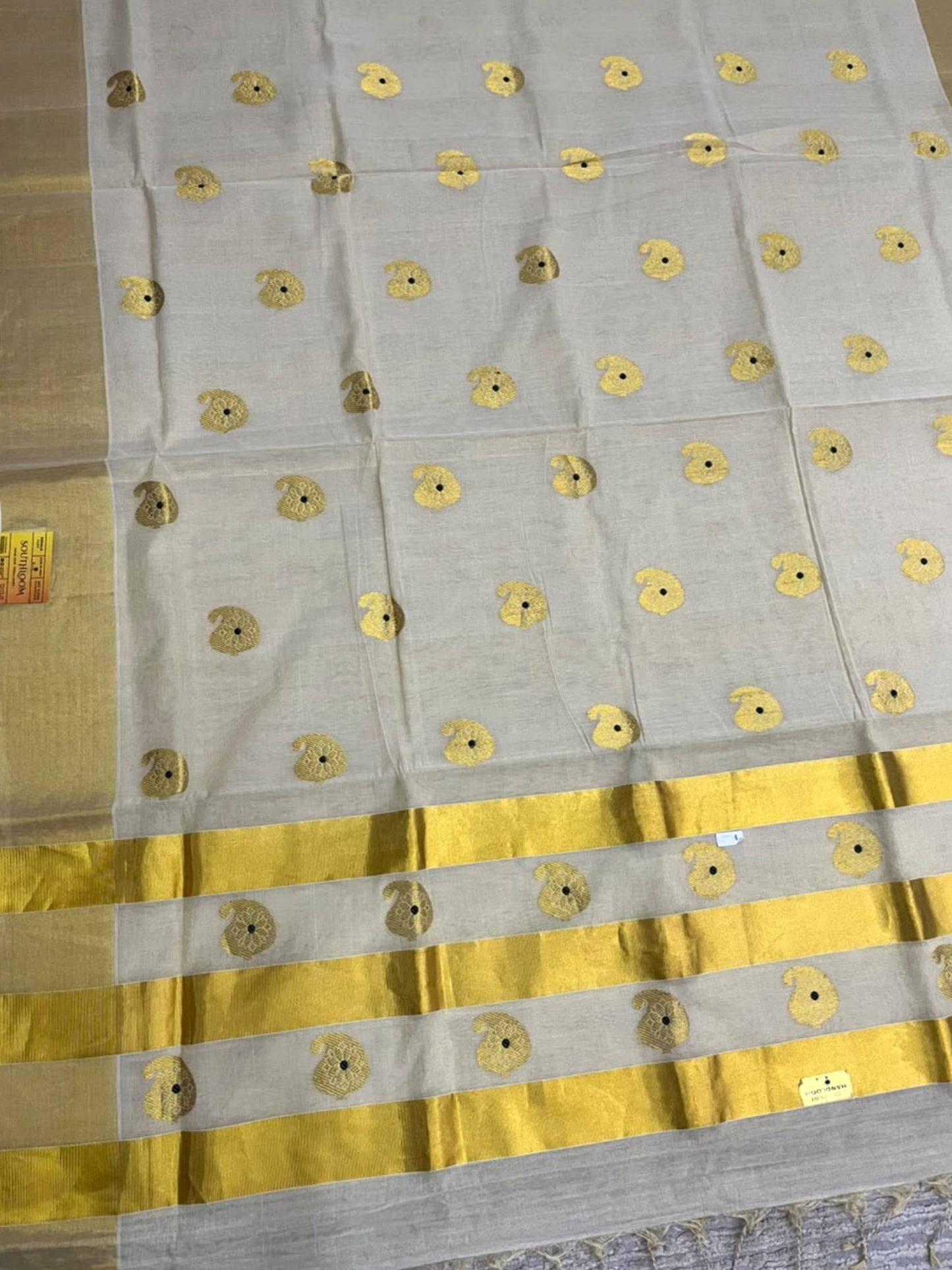 Southloom Super Premium Balaramapuram Handloom Tissue Saree with Butta Design and Gold Kasavu Border