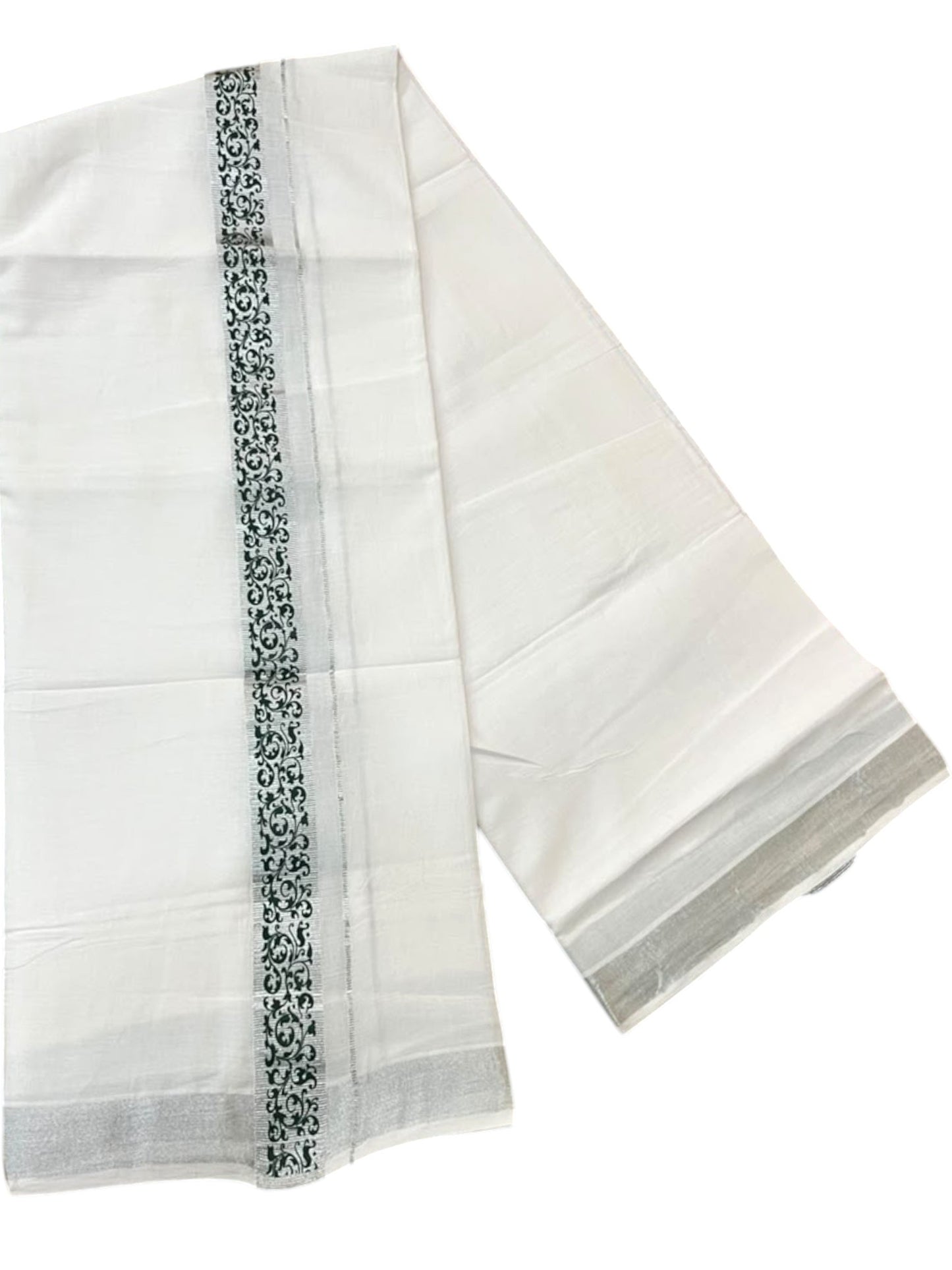 Southloom Pure White Cotton Mundu with Green and Silver Kasavu Border (South Indian Kerala Dhoti)