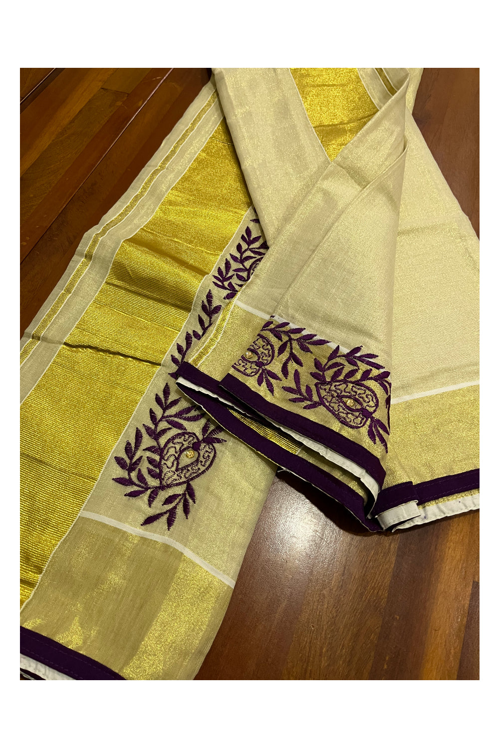 Kerala Tissue Kasavu Set Mundu (Mundum Neriyathum) with Handwork Embroidery Design and Purple Blouse Piece