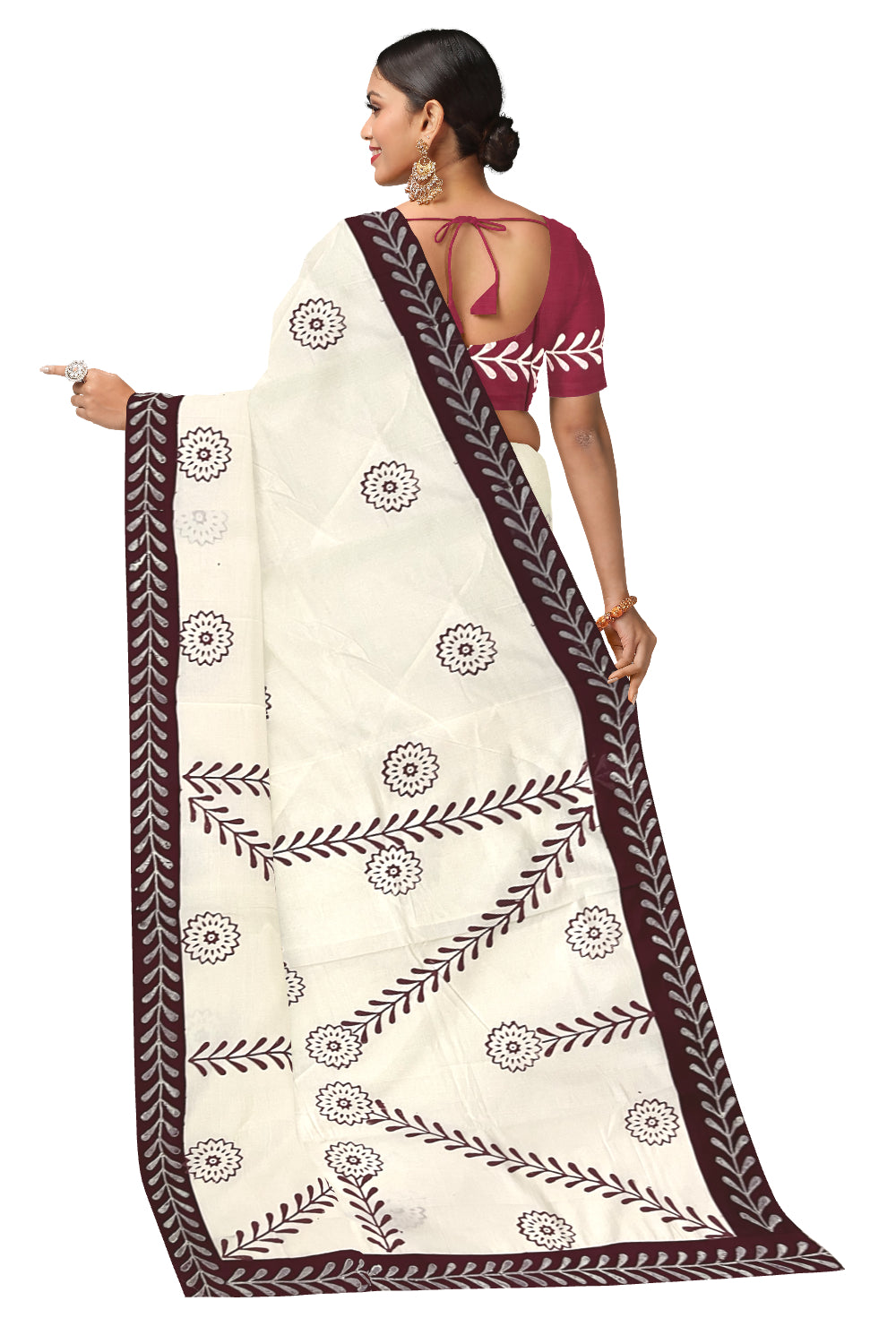 Pure Cotton Onam 2023 Kerala Saree with Hand Block Maroon Floral Batik Prints