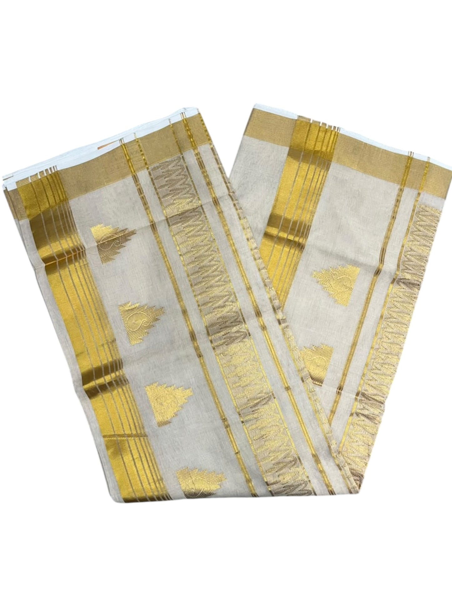 Southloom Super Premium Balaramapuram Handloom Tissue Saree with Temple Design and Gold Kasavu Border