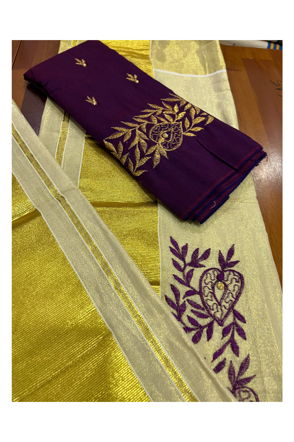 Kerala Tissue Kasavu Set Mundu (Mundum Neriyathum) with Handwork Embroidery Design and Purple Blouse Piece