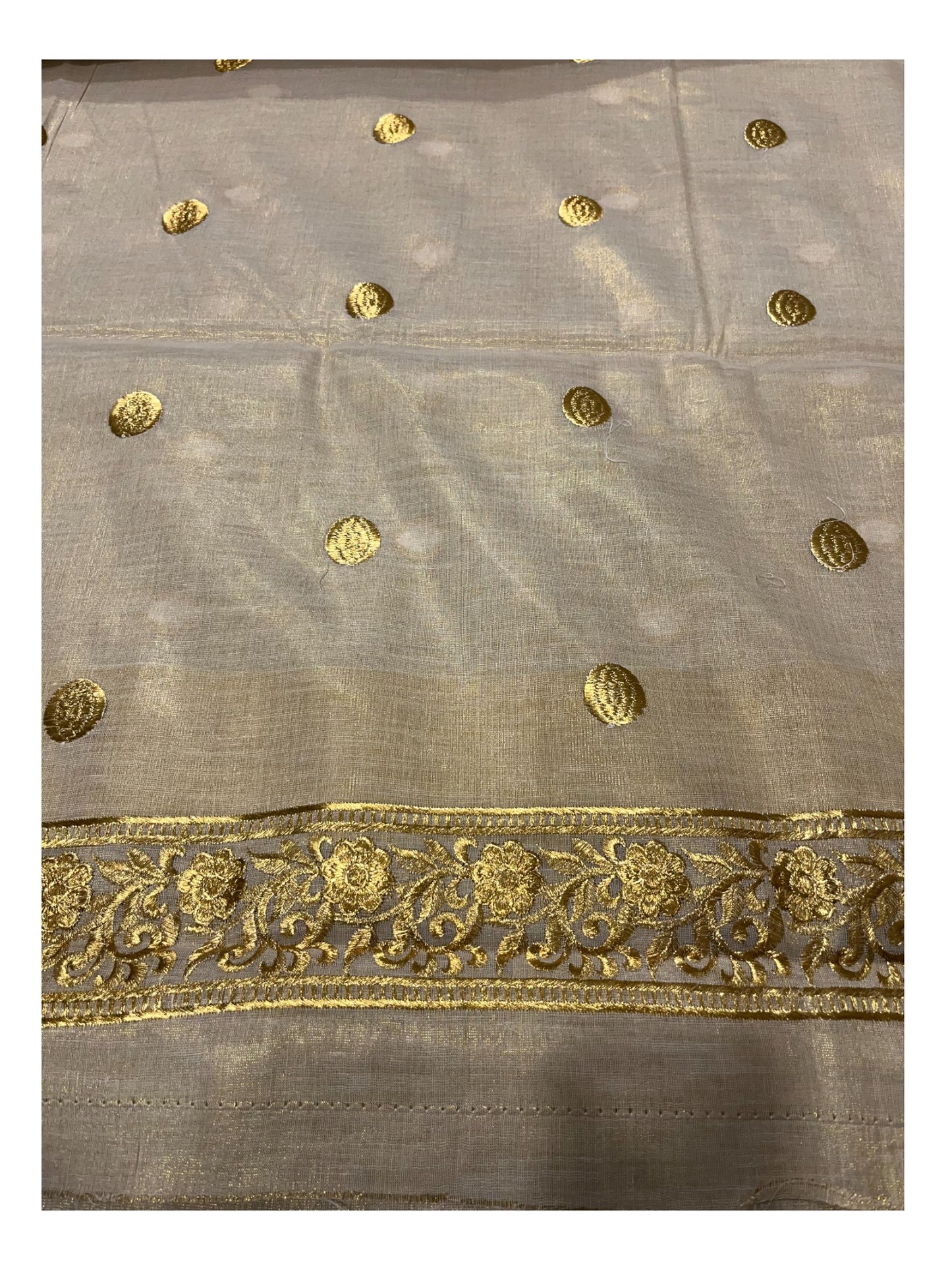 Kerala Tissue Kasavu Plain Saree with Gold Polka with Embroidery Works