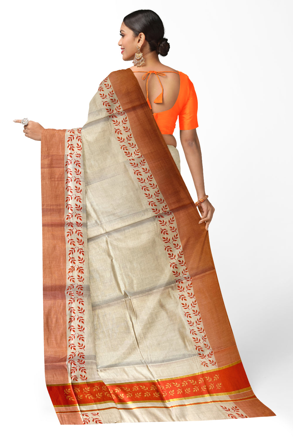 Kerala Tissue Kasavu Saree with Golden and Orange Block Prints on Border and Tassels Works