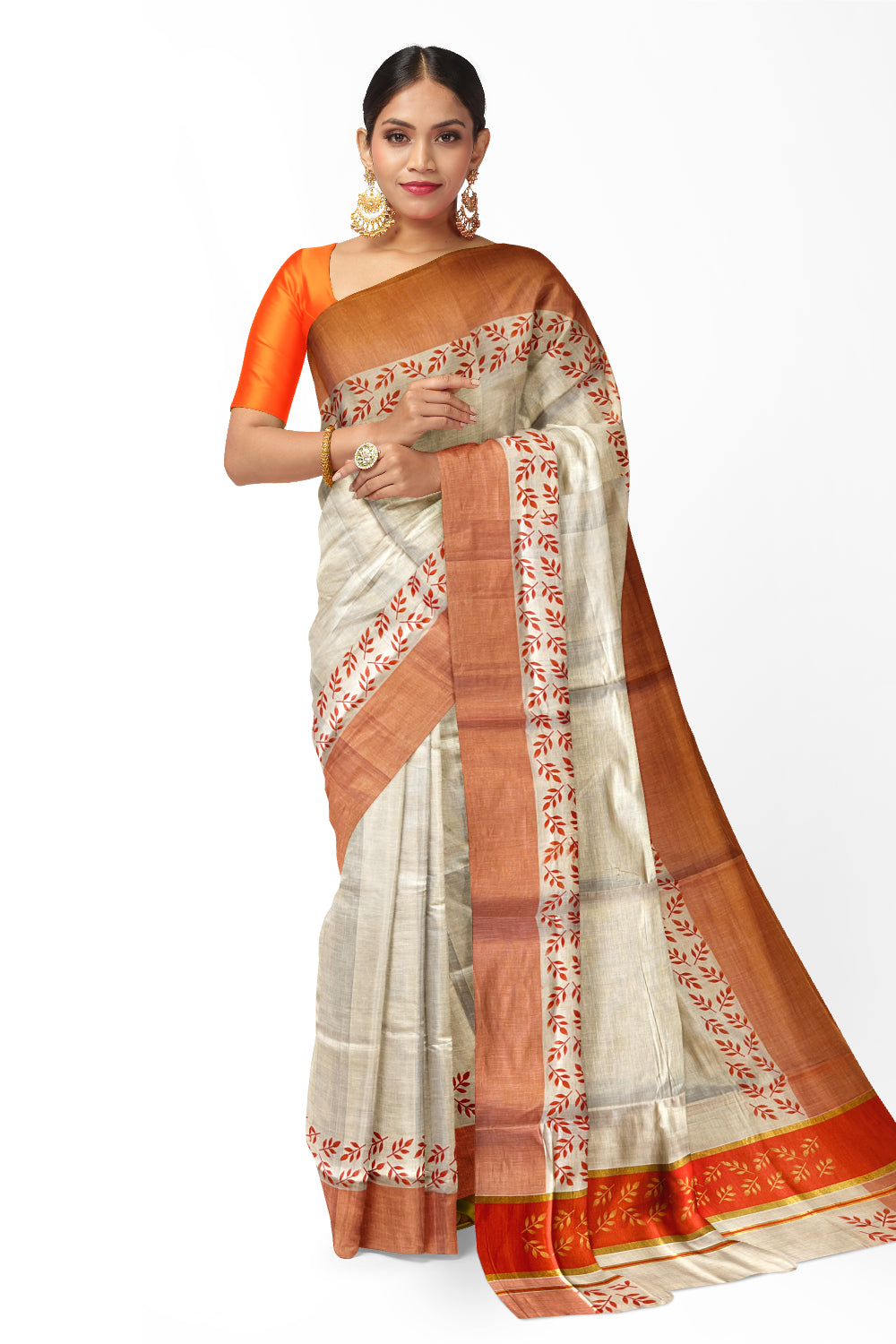 Kerala Tissue Kasavu Saree with Golden and Orange Block Prints on Border and Tassels Works