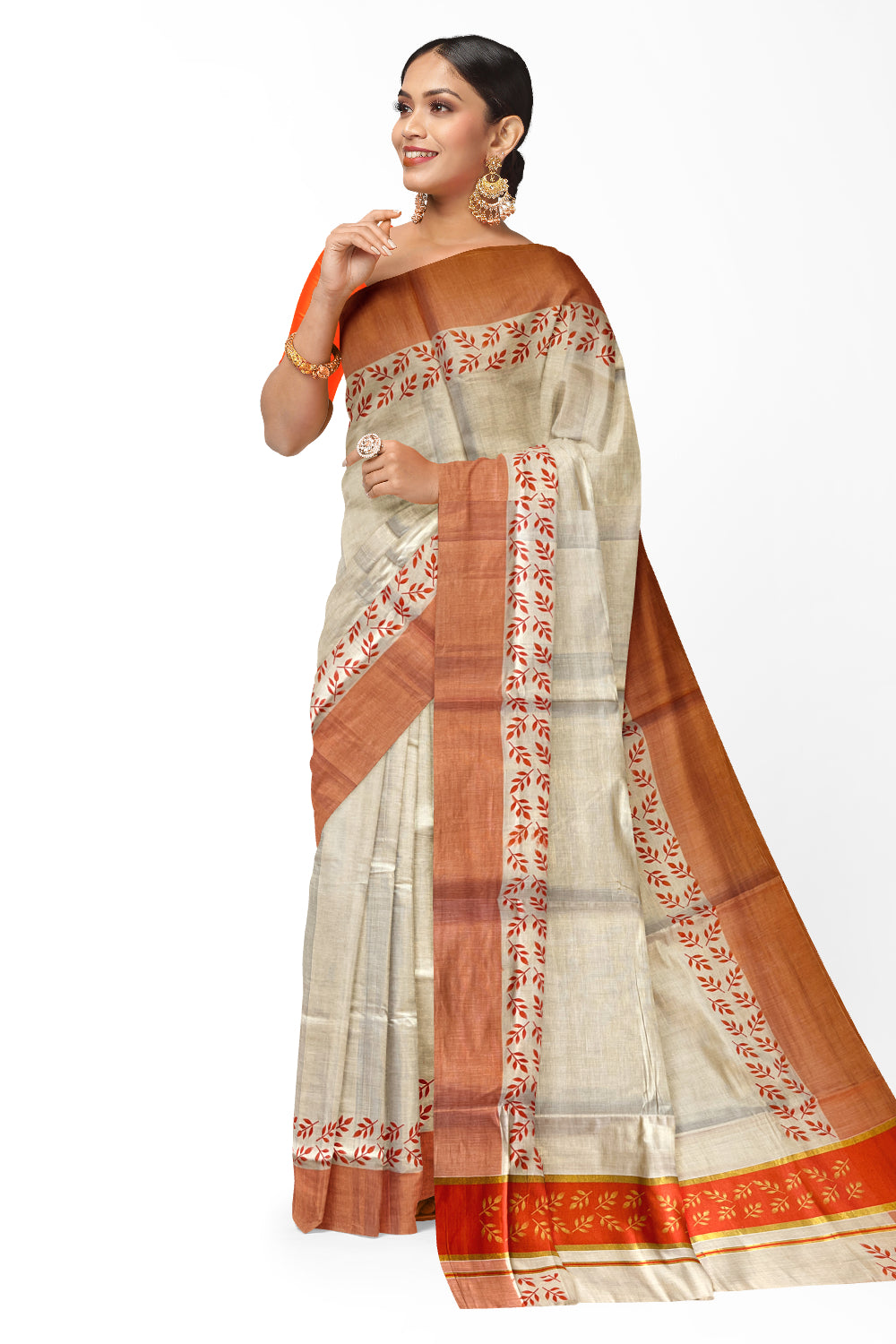 Kerala Tissue Kasavu Saree with Golden and Orange Block Prints on Border and Tassels Works