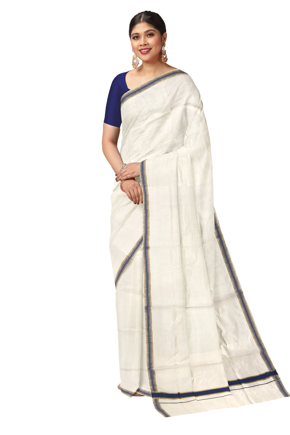 Kerala Pure Cotton Saree with Kasavu and Blue Border (Onam Saree 2023)