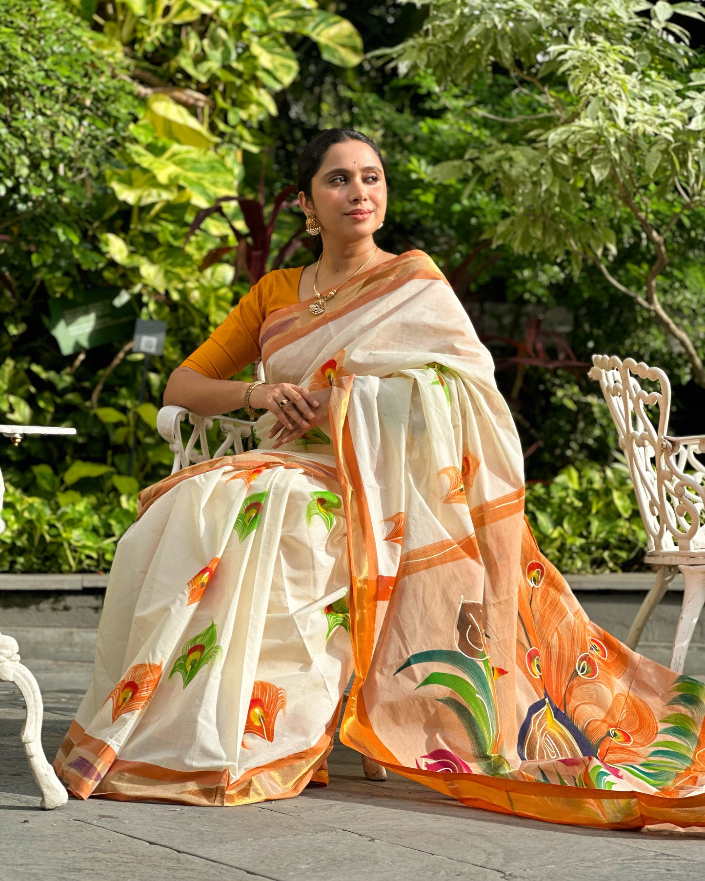 Southloom Orange Hand Painted Kerala Kasavu Saree