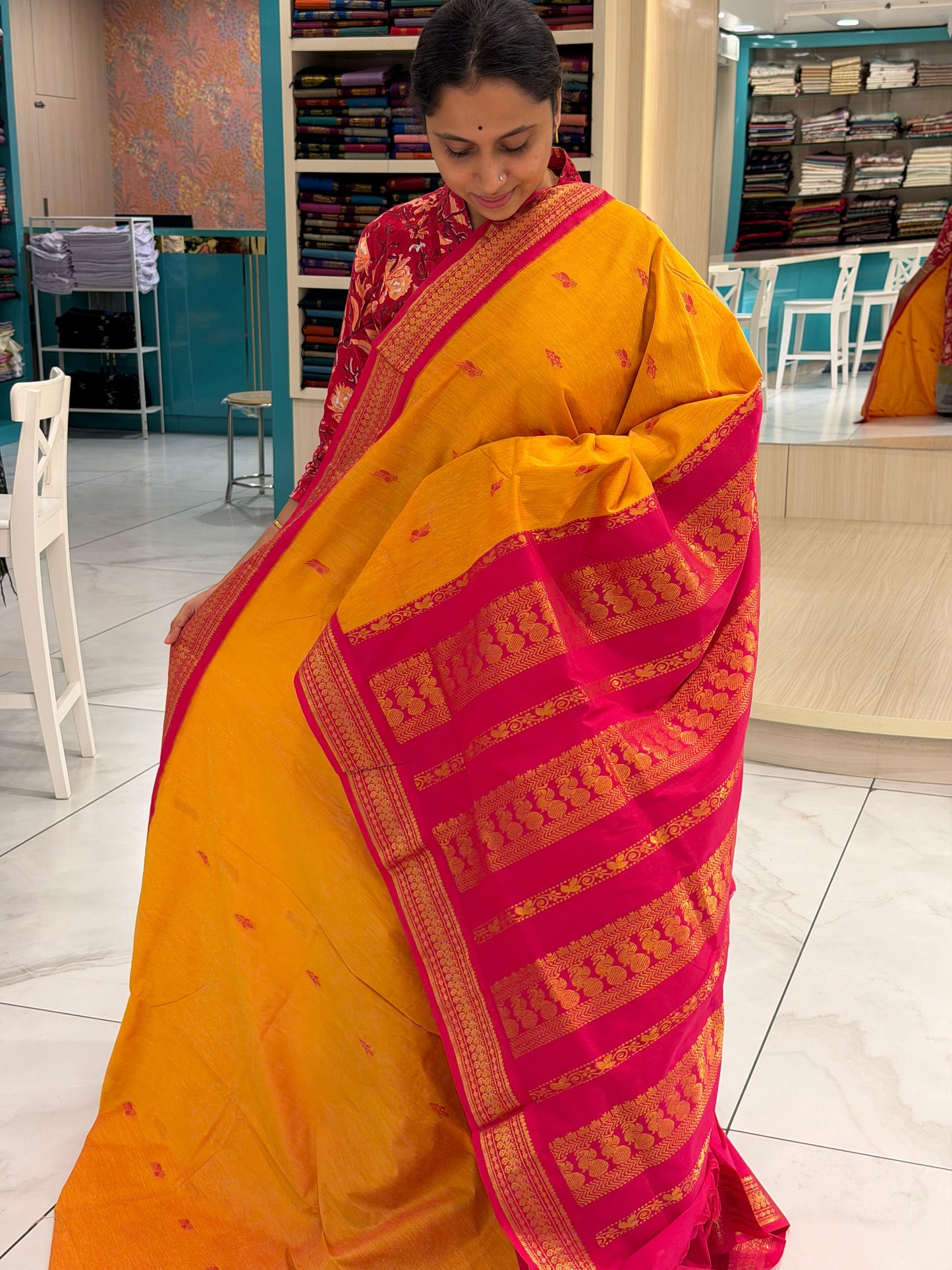 Yellowish Orange and Rani Pink Kalyani Cotton Saree SL156