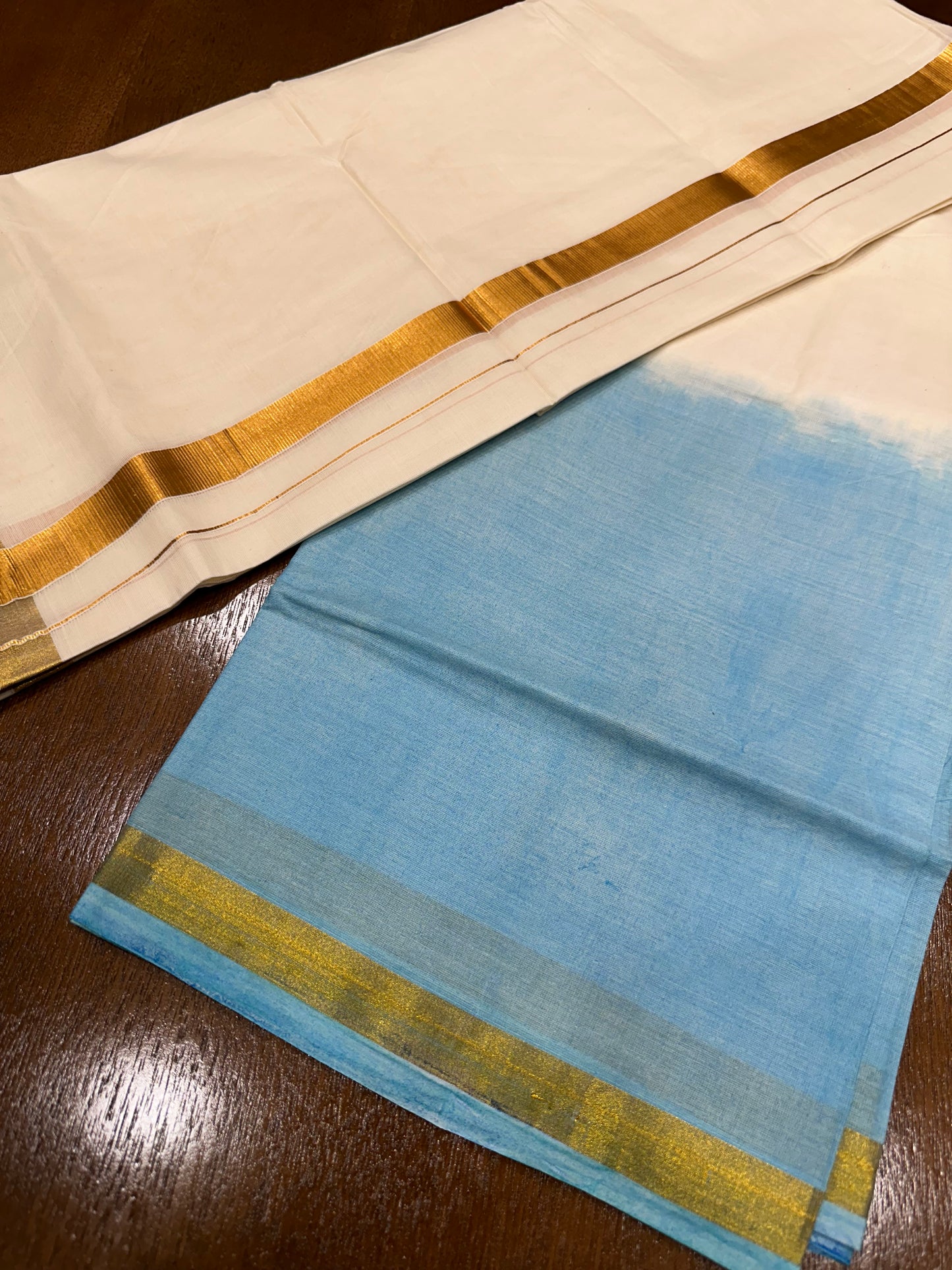 Southloom Tie & Dye - Half & Half  Multi Colour Light Blue Design Cotton Kerala Double Mundu with Kasavu Border (South Indian Kerala Dhoti)