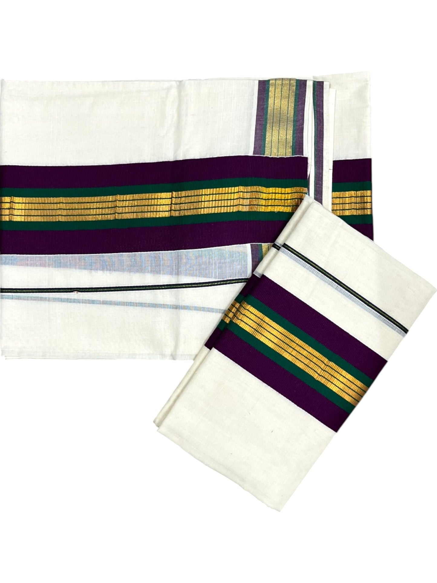 Southloom Kerala Cotton Kasavu Set Mundu (Mundum Neriyathum) with Purple and Green Border 2.80 Mtrs SLKK
