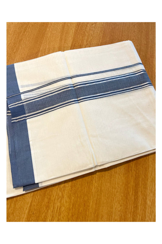 Pure Cotton Kerala Double Mundu with Silver Kara and Blue Border (South Indian Kerala Dhoti)