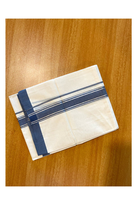 Pure Cotton Kerala Double Mundu with Silver Kara and Blue Border (South Indian Kerala Dhoti)