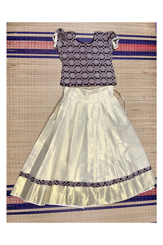 Southloom Kerala Black Ajrakh Top and Tissue Pavada with Kasavu Printed Border