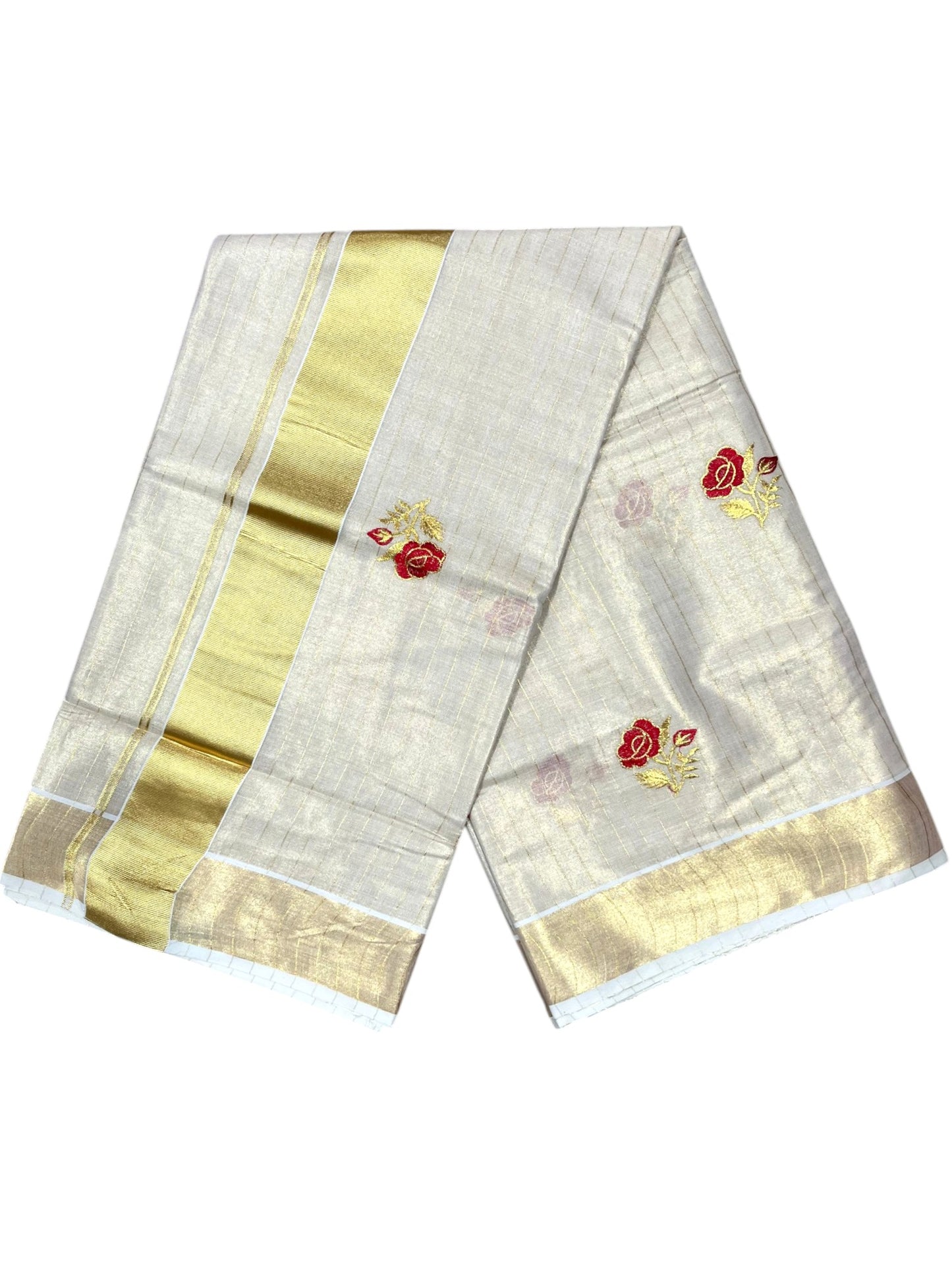 Southloom Kerala Tissue Kasavu Line Saree with Red Floral Embroidery on Body