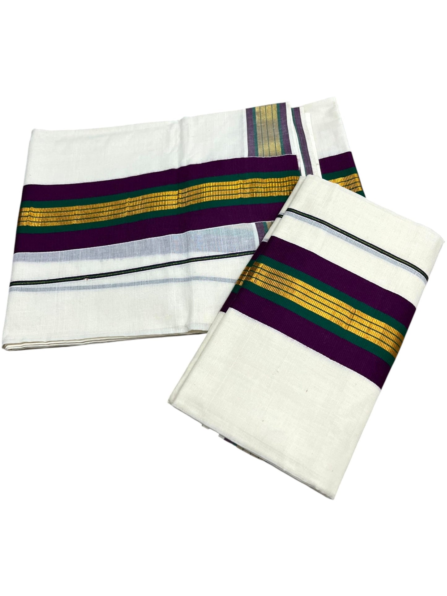Southloom Kerala Cotton Kasavu Set Mundu (Mundum Neriyathum) with Purple and Green Border 2.80 Mtrs SLKK