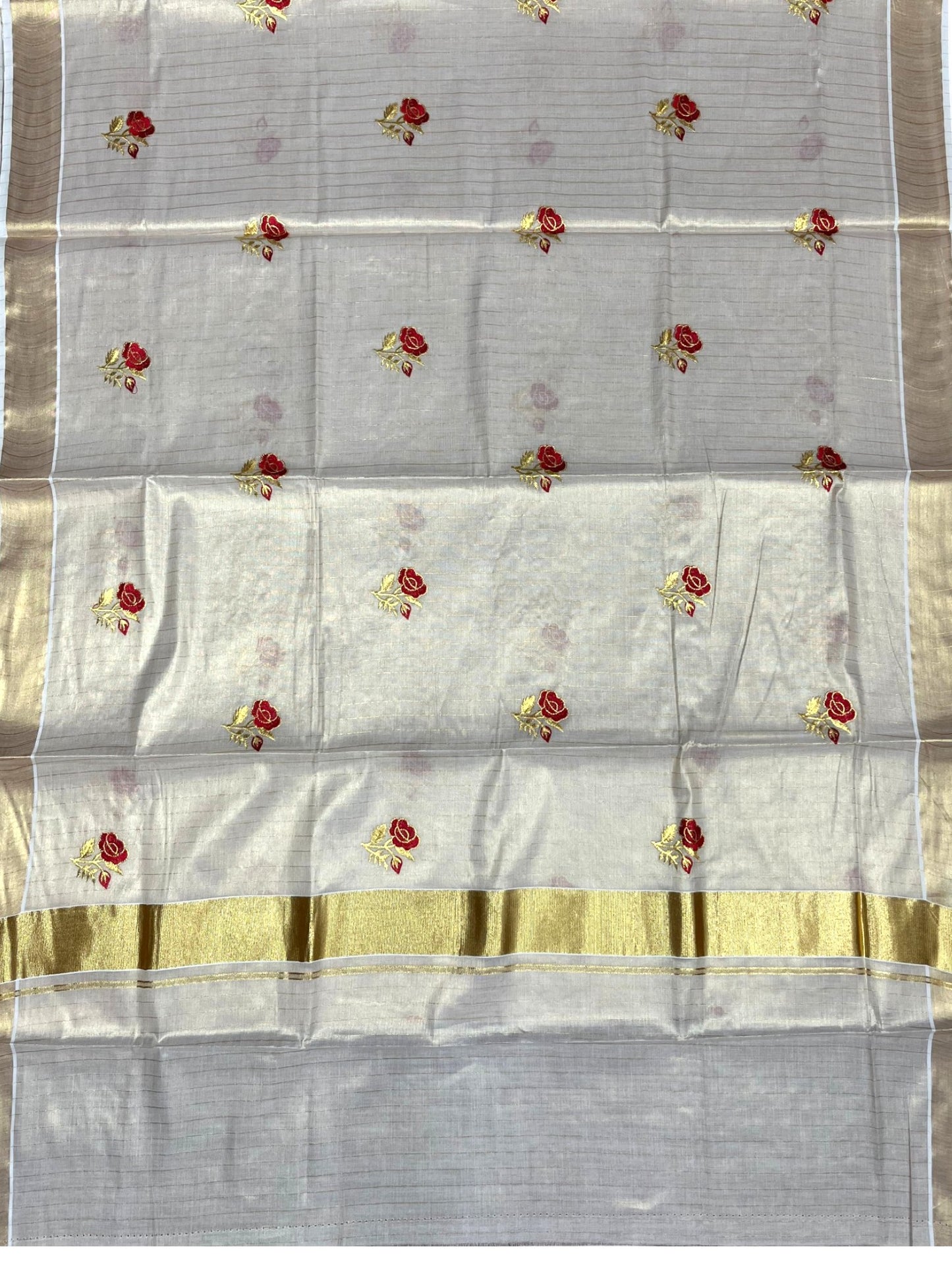 Southloom Kerala Tissue Kasavu Line Saree with Red Floral Embroidery on Body