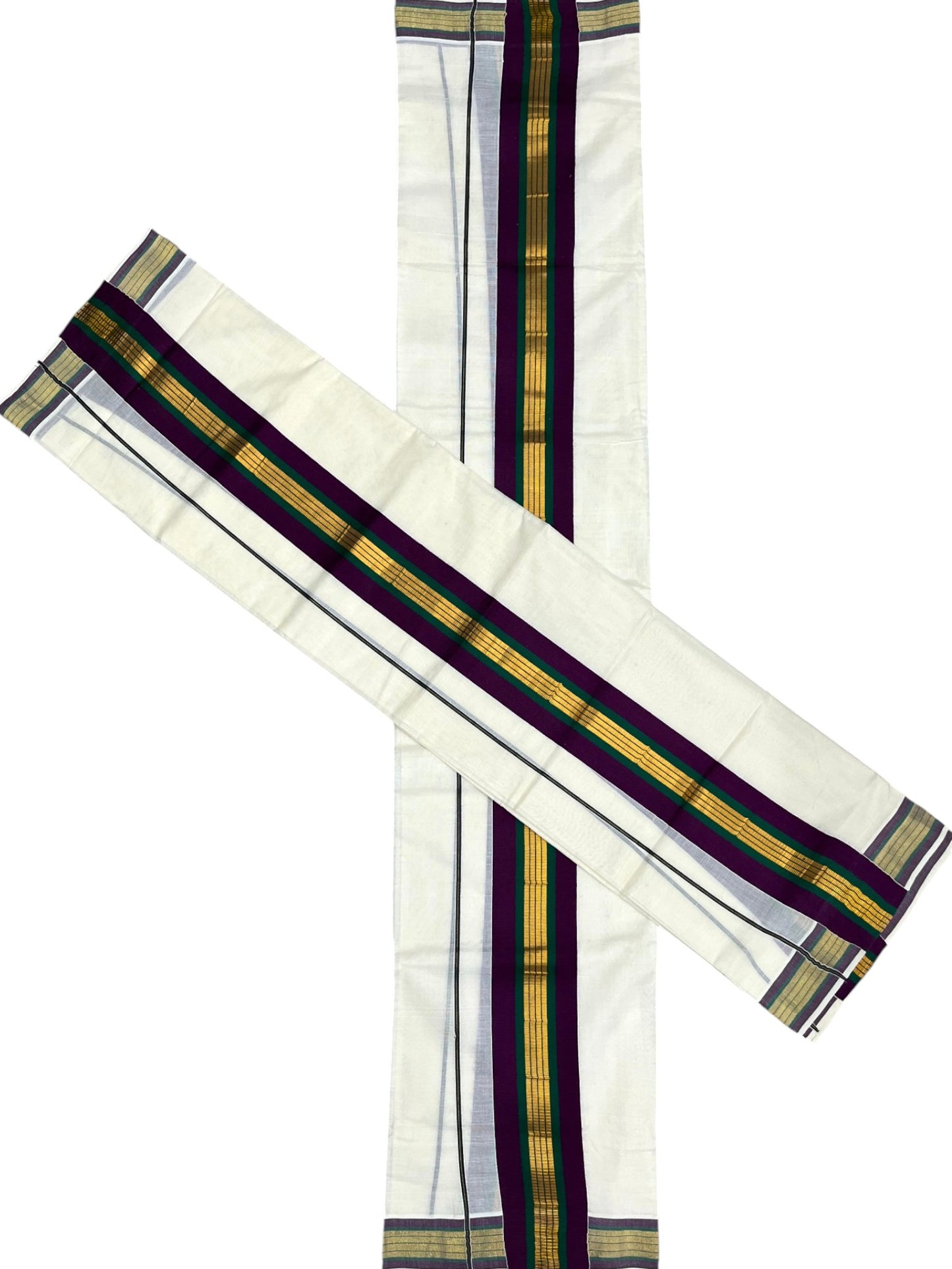 Southloom Kerala Cotton Kasavu Set Mundu (Mundum Neriyathum) with Purple and Green Border 2.80 Mtrs SLKK