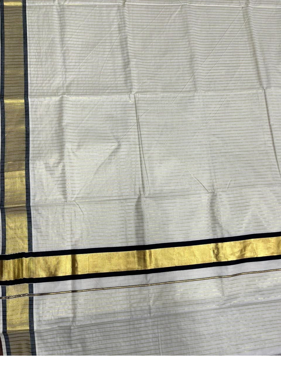 Southloom Pure Cotton Kerala Saree with Gold Kasavu Lines Across Body and Black Border