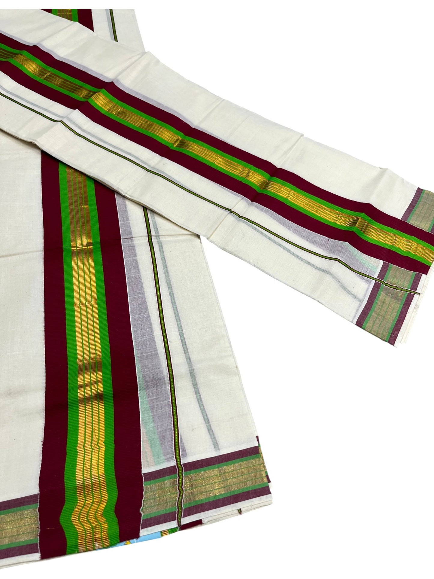 Southloom Kerala Cotton Kasavu Set Mundu (Mundum Neriyathum) with Purple and Green Border 2.80 Mtrs SLKK
