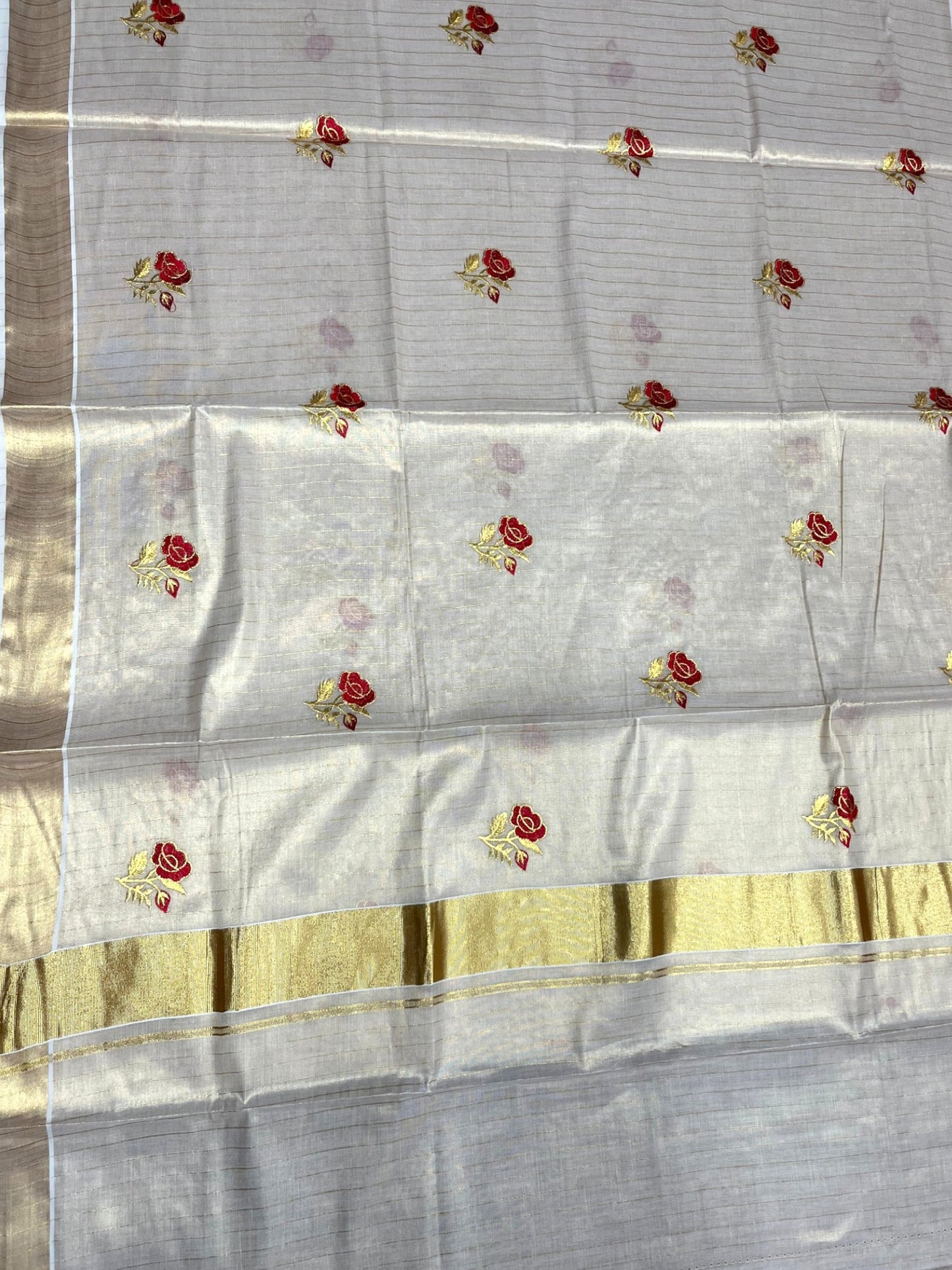 Southloom Kerala Tissue Kasavu Line Saree with Red Floral Embroidery on Body