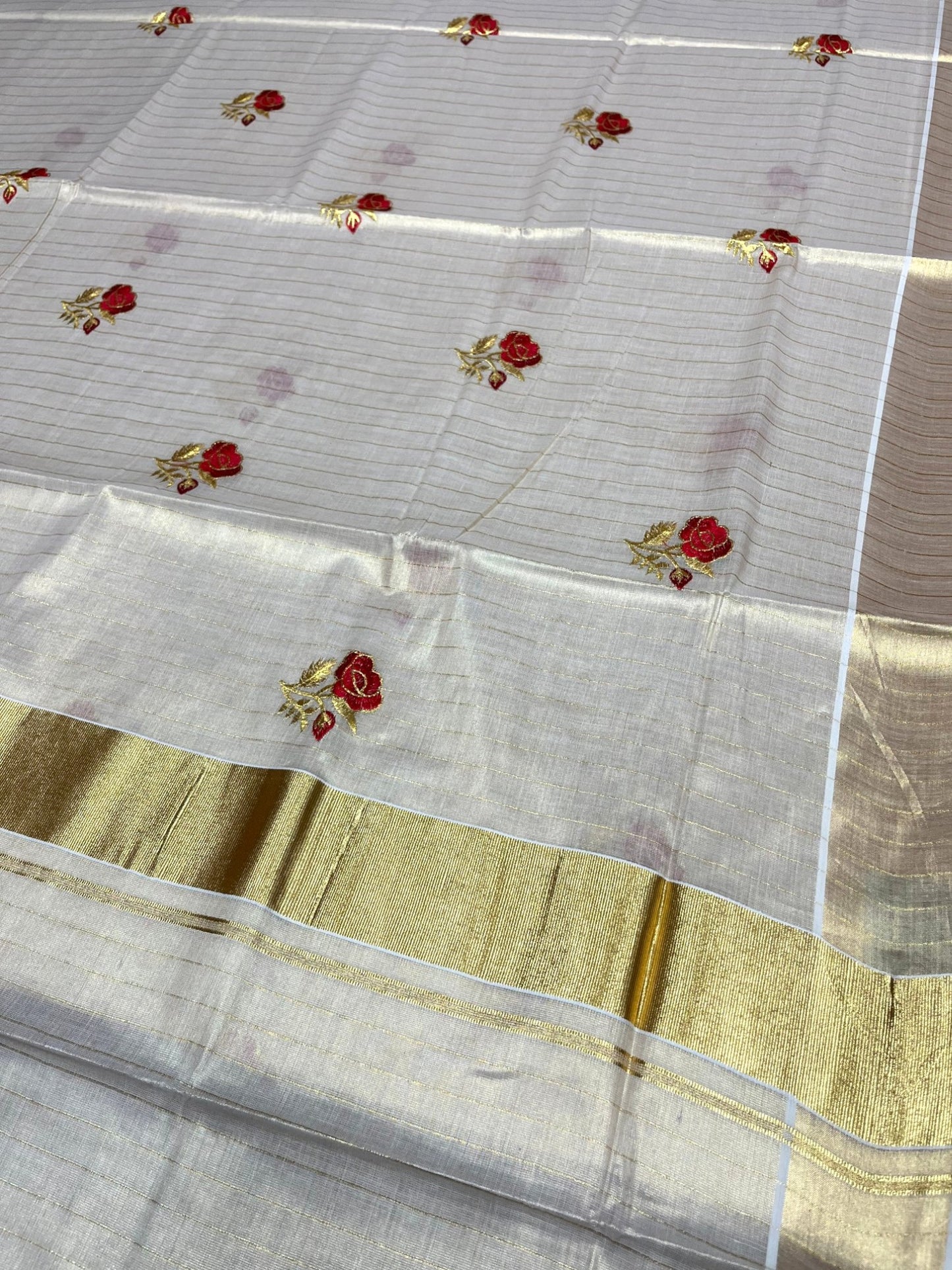 Southloom Kerala Tissue Kasavu Line Saree with Red Floral Embroidery on Body