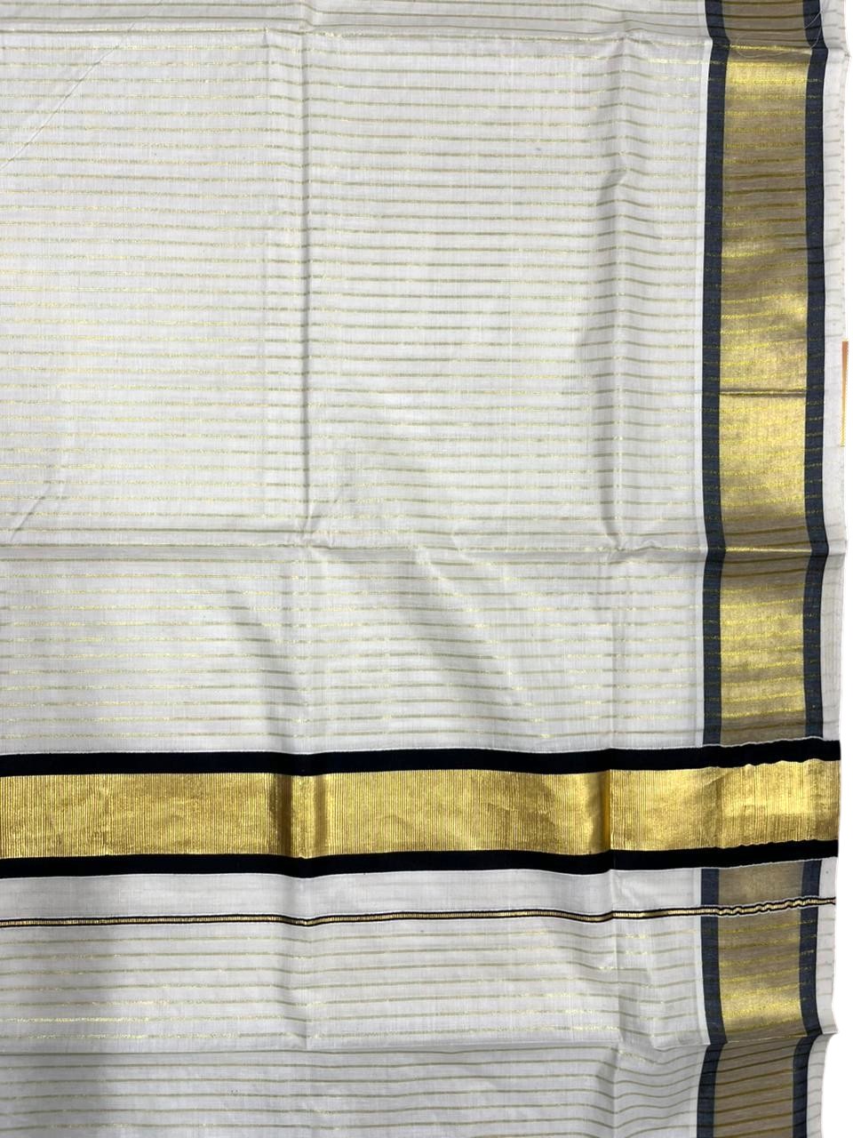 Southloom Pure Cotton Kerala Saree with Gold Kasavu Lines Across Body and Black Border
