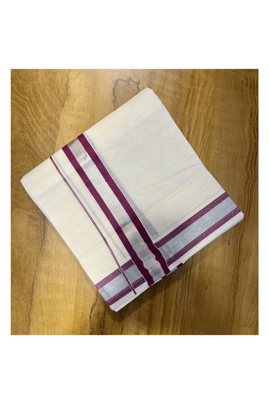 Pure Cotton Mundu with Purple Lines and Silver Kasavu Border (South Indian Kerala Dhoti)