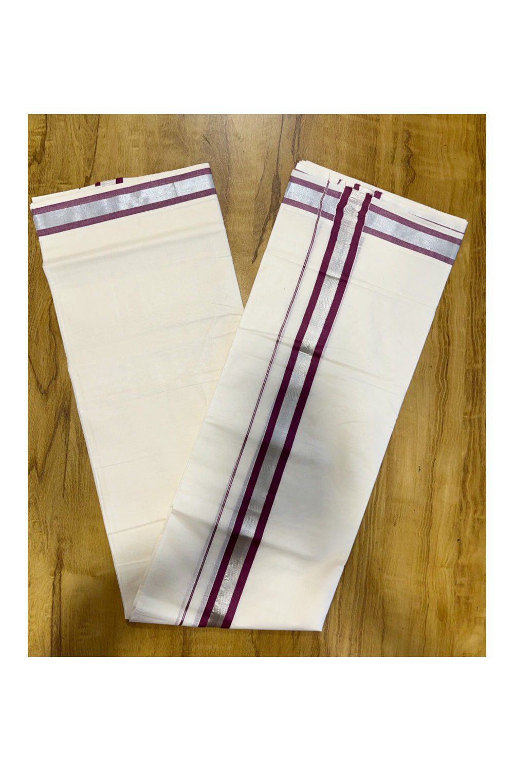 Pure Cotton Mundu with Purple Lines and Silver Kasavu Border (South Indian Kerala Dhoti)