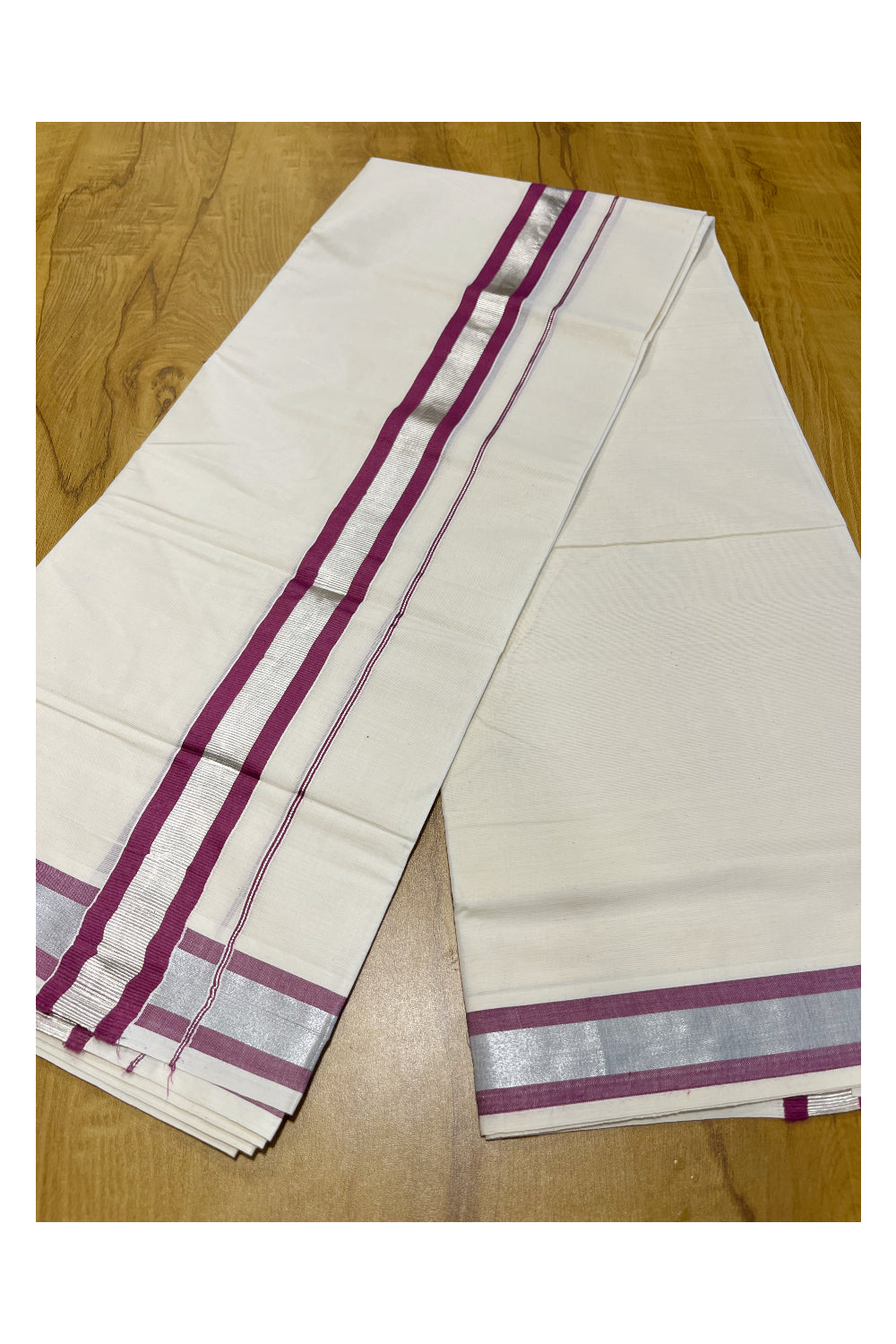 Pure Cotton Mundu with Purple Lines and Silver Kasavu Border (South Indian Kerala Dhoti)