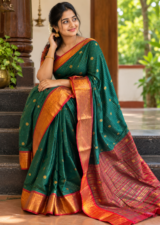 Green & Red Colour Semi Silk Saree With Check Design SL63