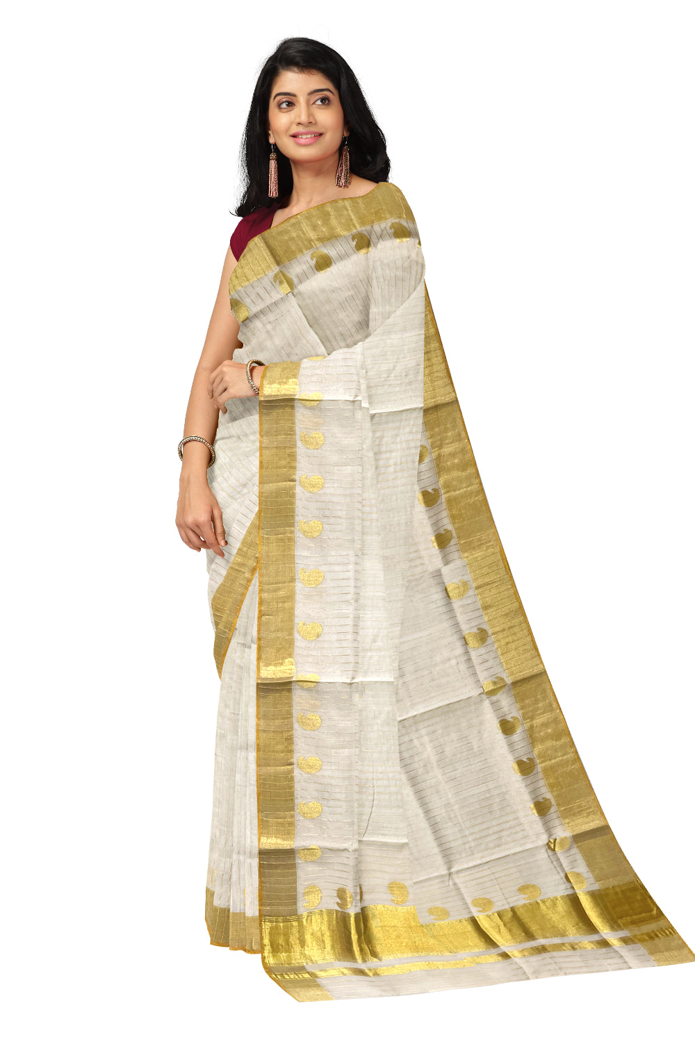 Southloom Super Premium Balaramapuram Unakkupaavu Handloom Saree with Kasavu Lines Across Body and Paisley Designs on Border