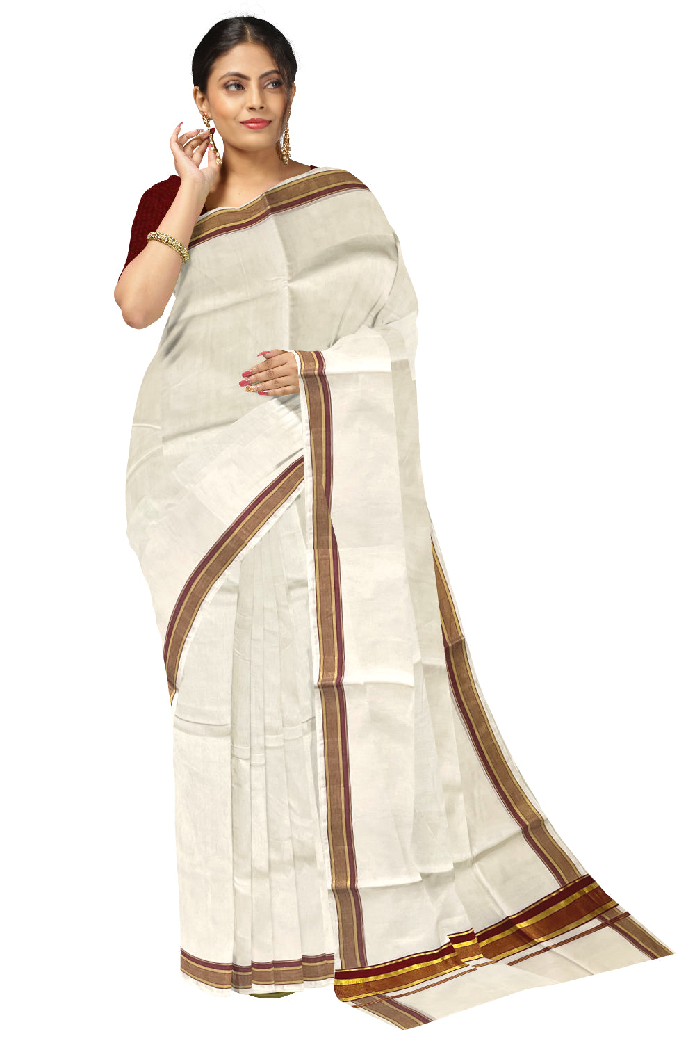 Southloom Premium Handloom Kerala Saree with Maroon and Kasavu Border