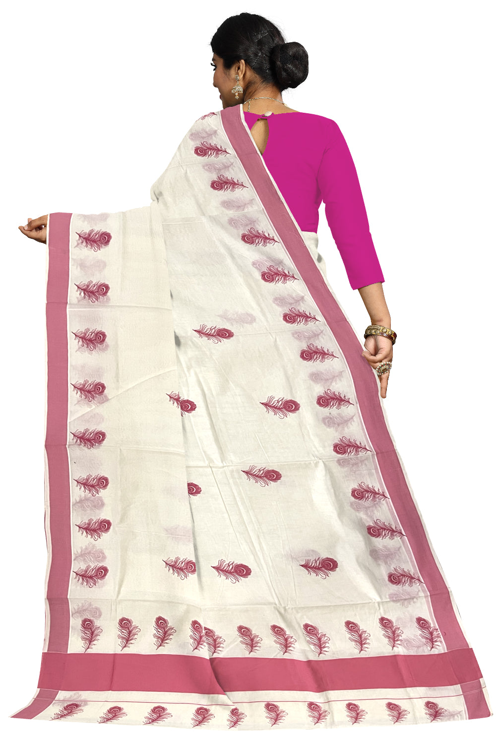 Pure Cotton Kerala Saree with Pink Feather Block Printed Border