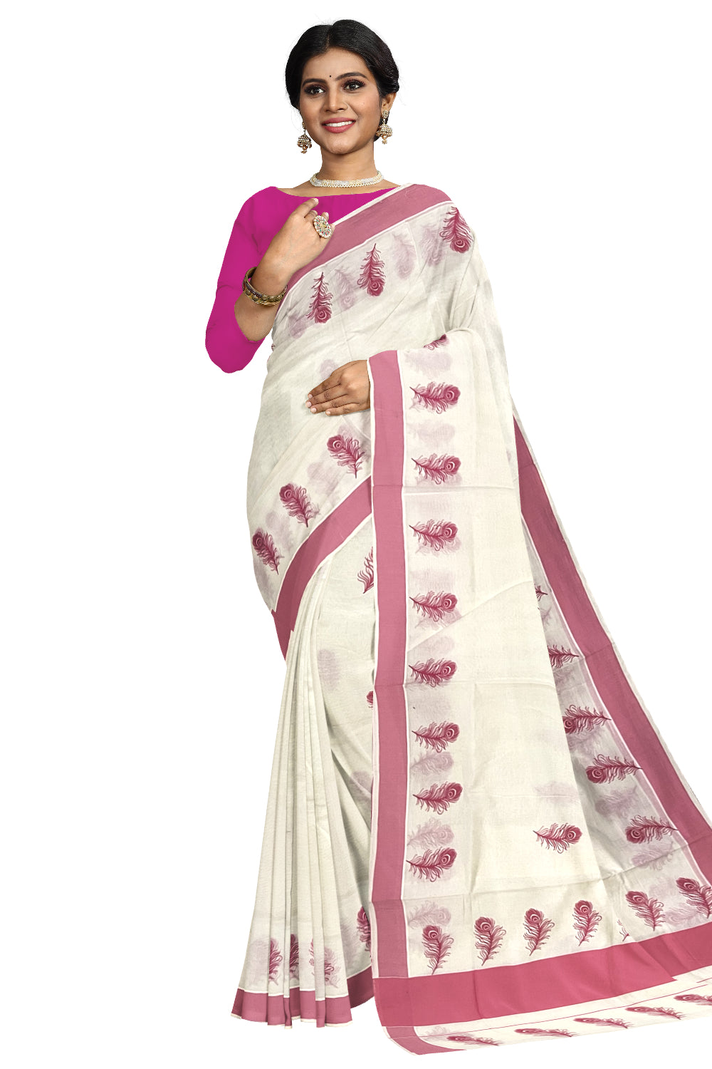 Pure Cotton Kerala Saree with Pink Feather Block Printed Border